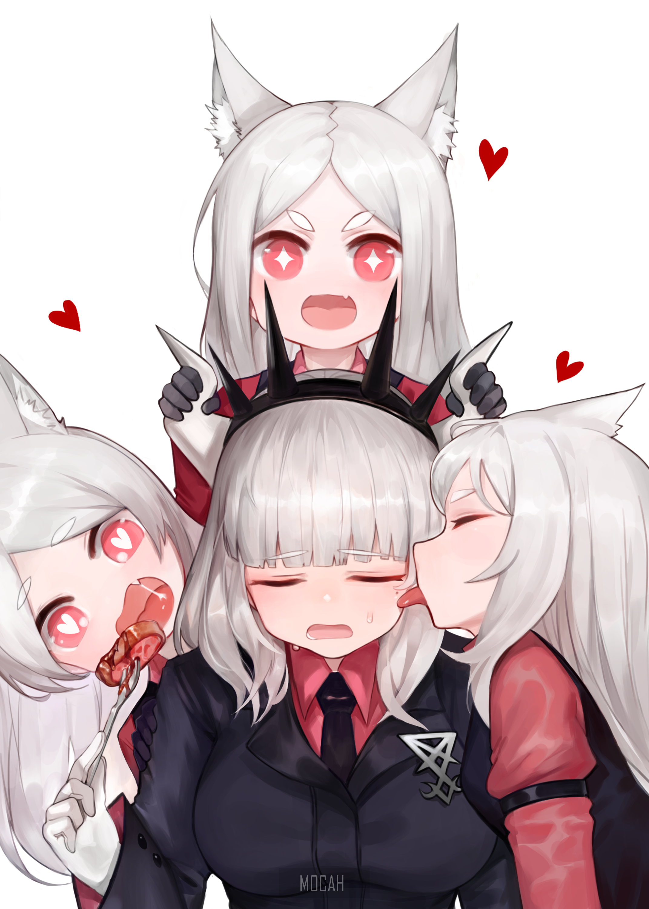 Cerberus from Helltaker being licked by her sisters HD Phone Wallpaper