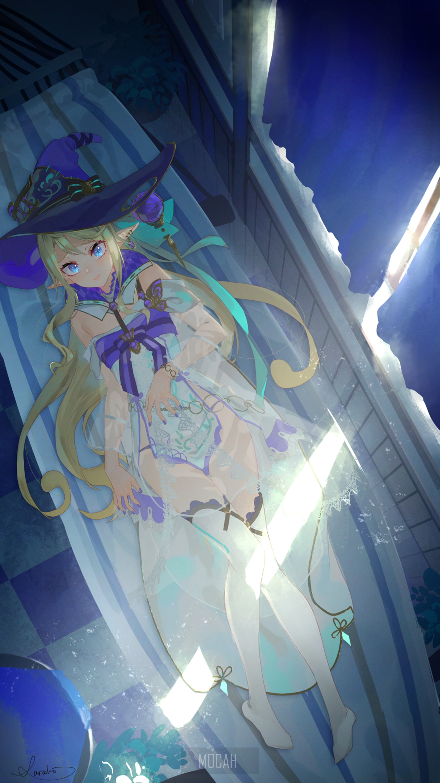 Anime girl in witch costume lying down HD Phone Wallpaper