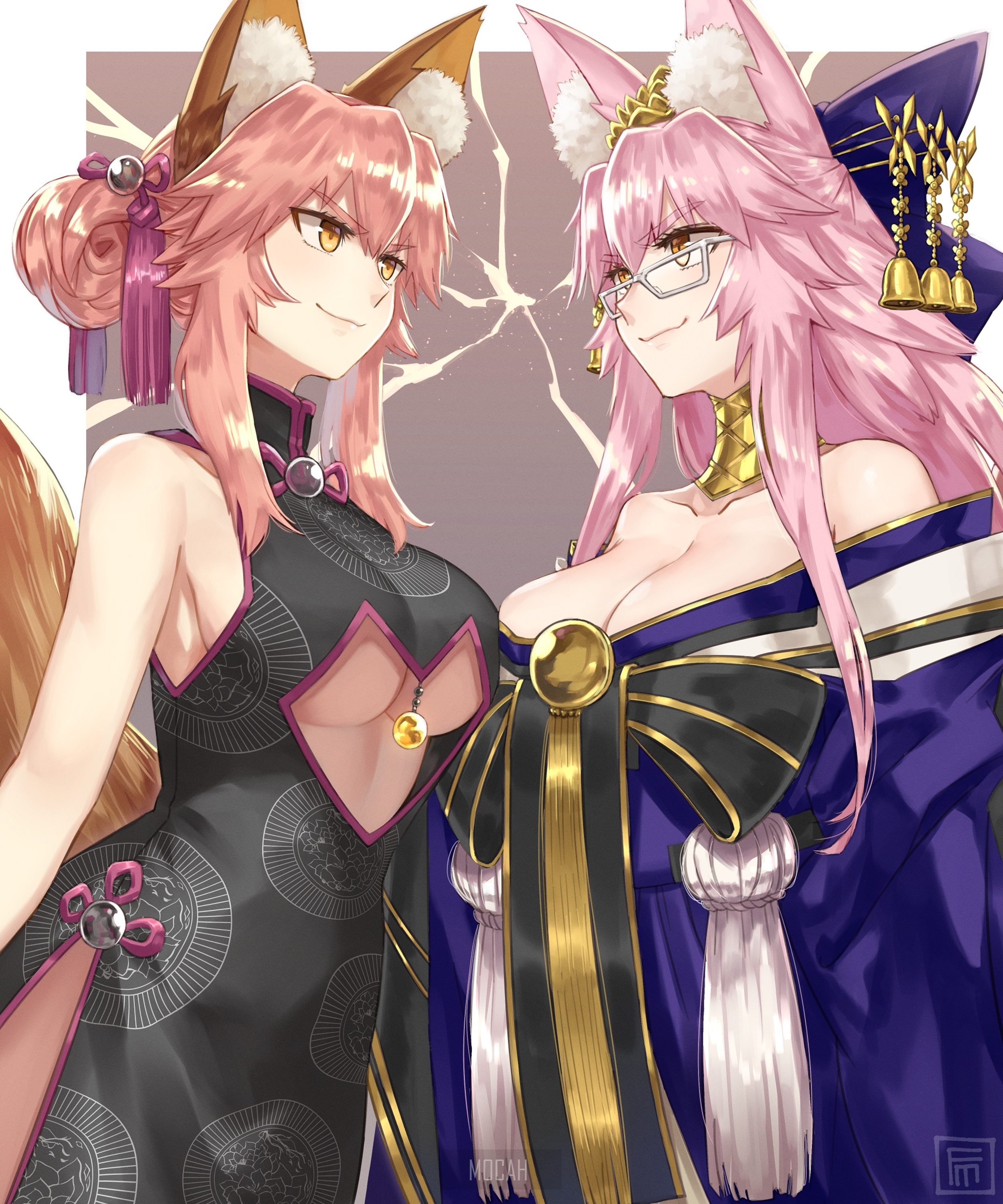 Two fox-eared anime girls in traditional outfits HD Phone Wallpaper