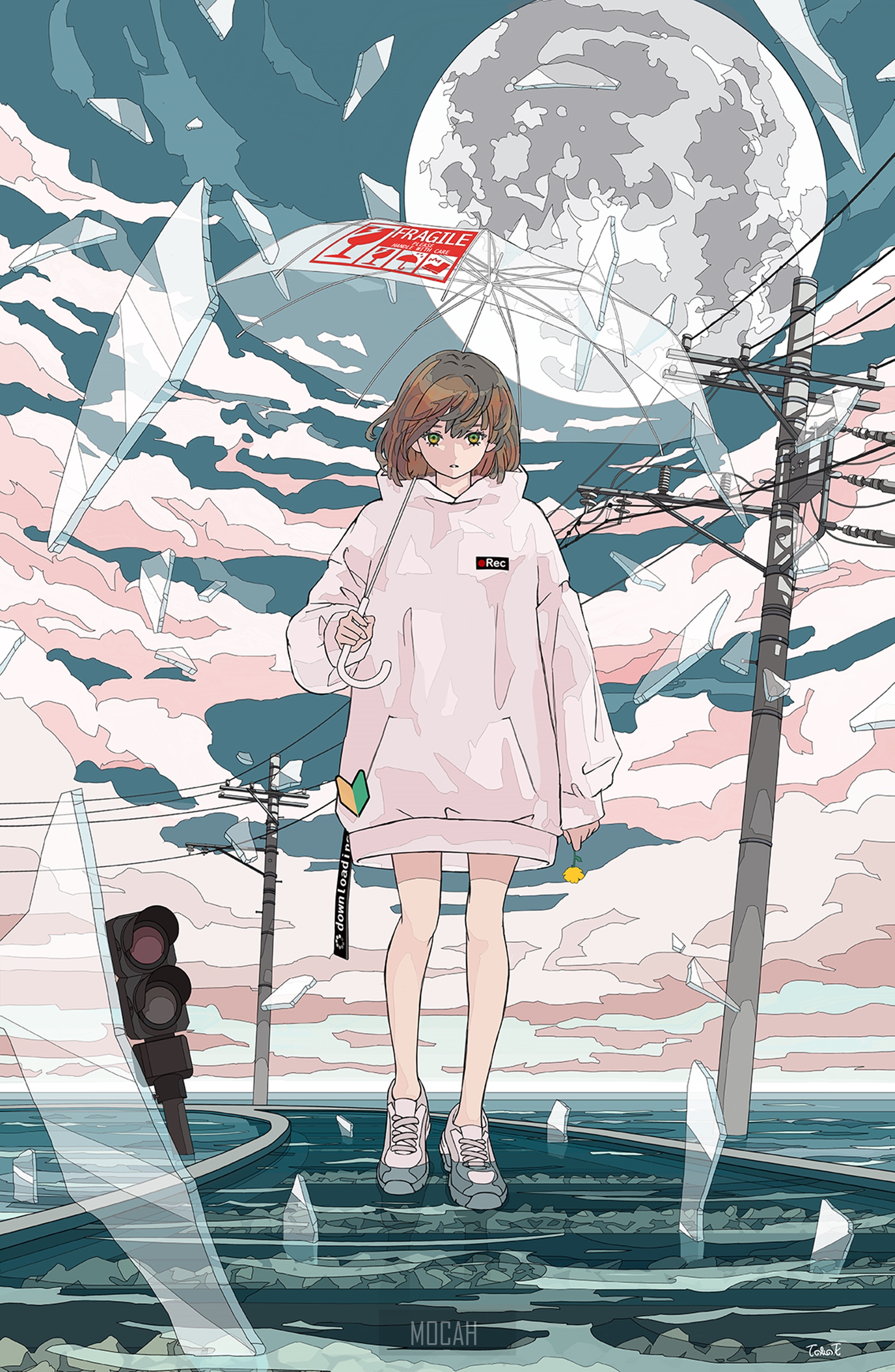 Anime girl with umbrella under the moon HD Phone Wallpaper