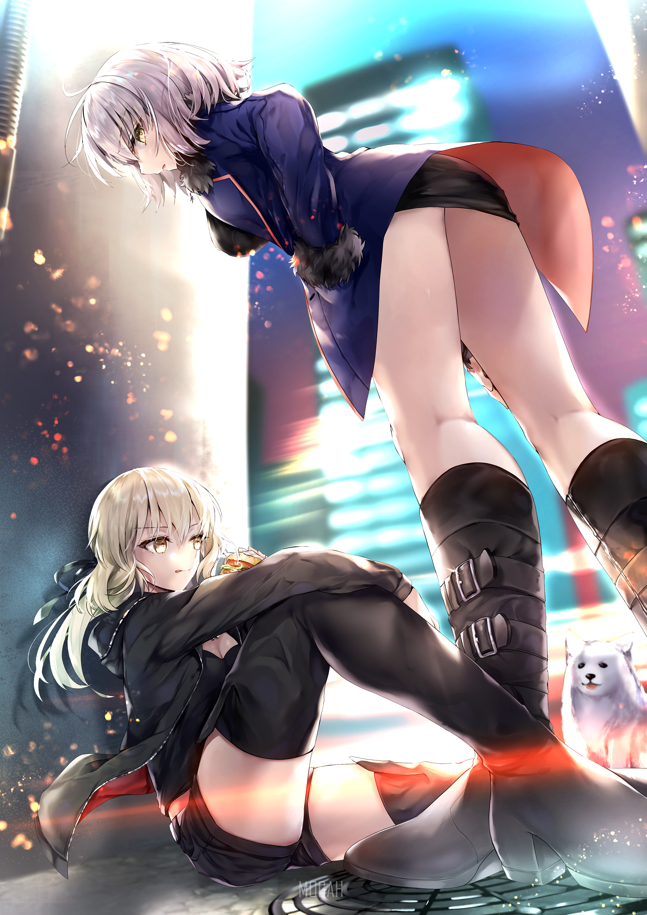 Two anime girls and a dog in a city at night HD Phone Wallpaper