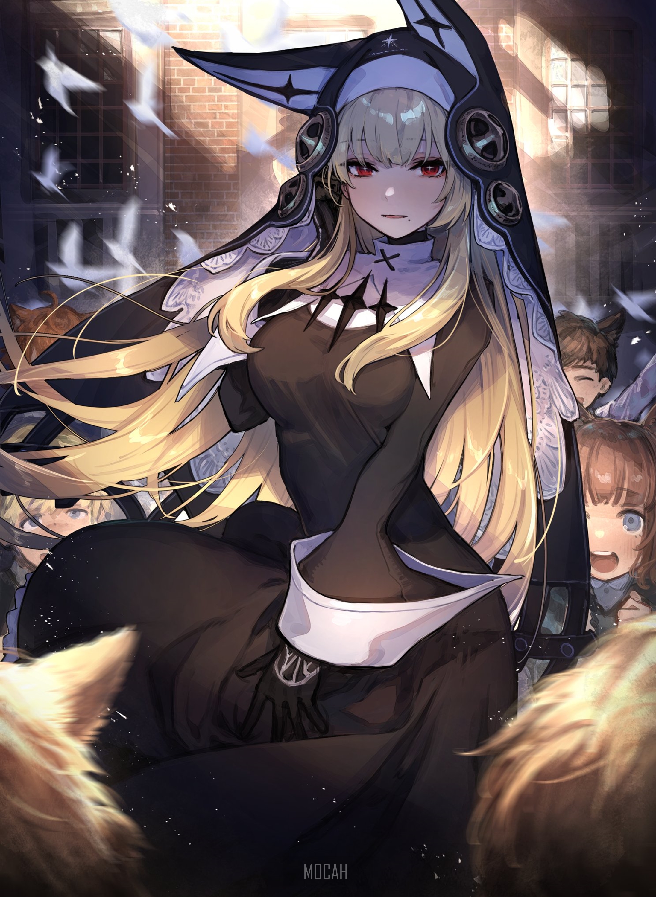 Anime girl in nun outfit with blonde hair and red eyes HD Phone Wallpaper