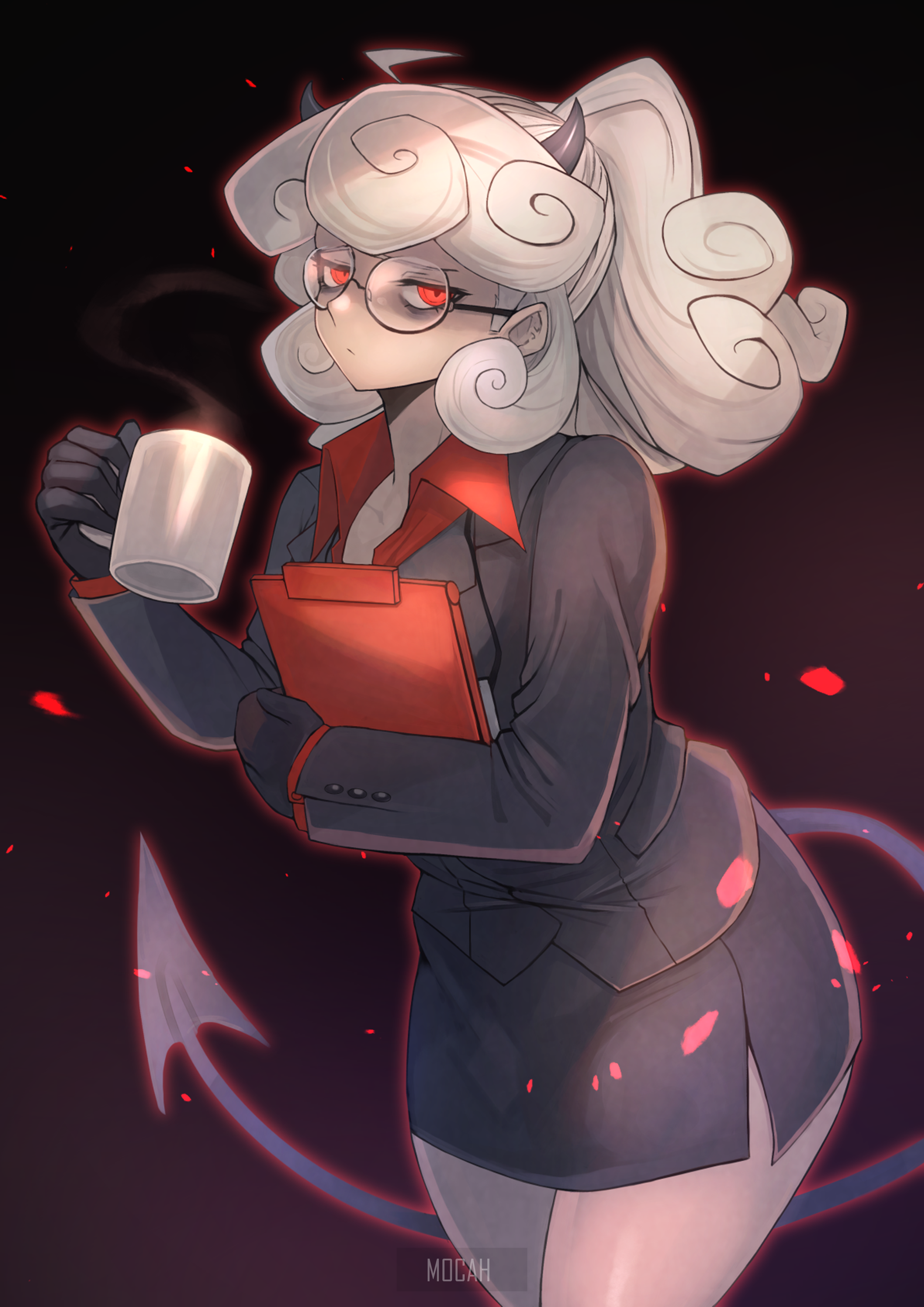 Pandemonica from Helltaker holding a mug and clipboard HD Phone Wallpaper