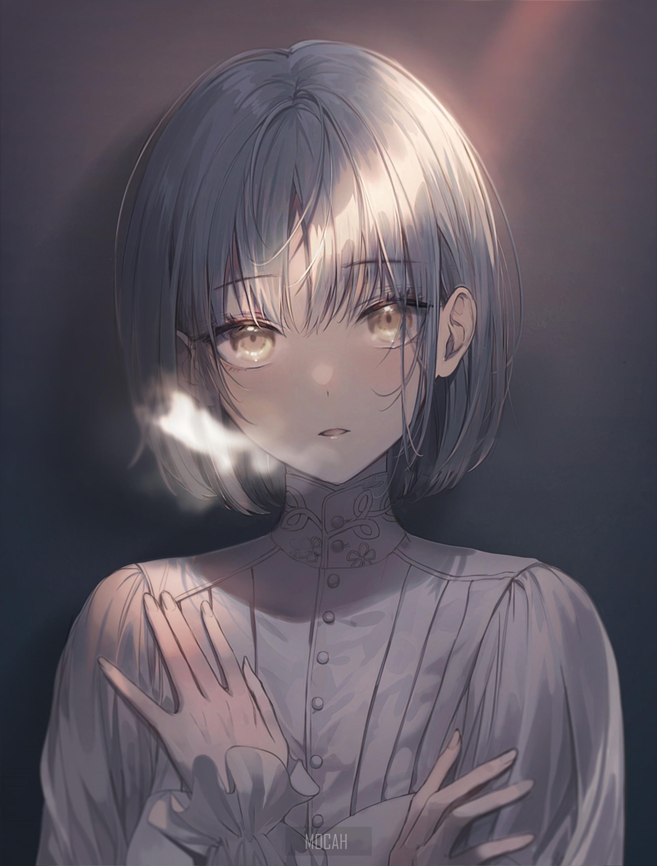 Anime girl with short hair and bright yellow eyes HD Phone Wallpaper