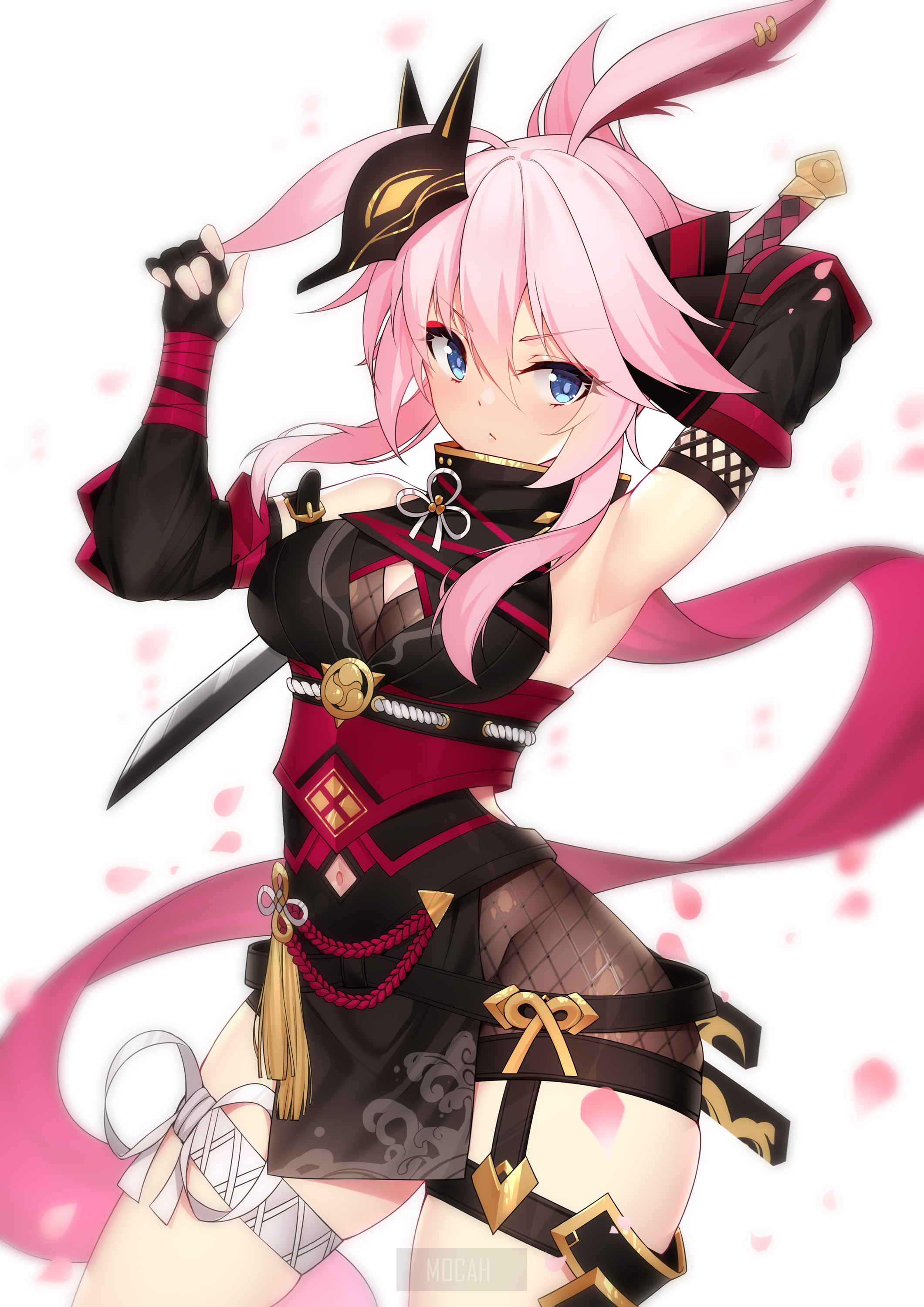 Anime girl with pink hair and fox mask holding a sword HD Phone Wallpaper