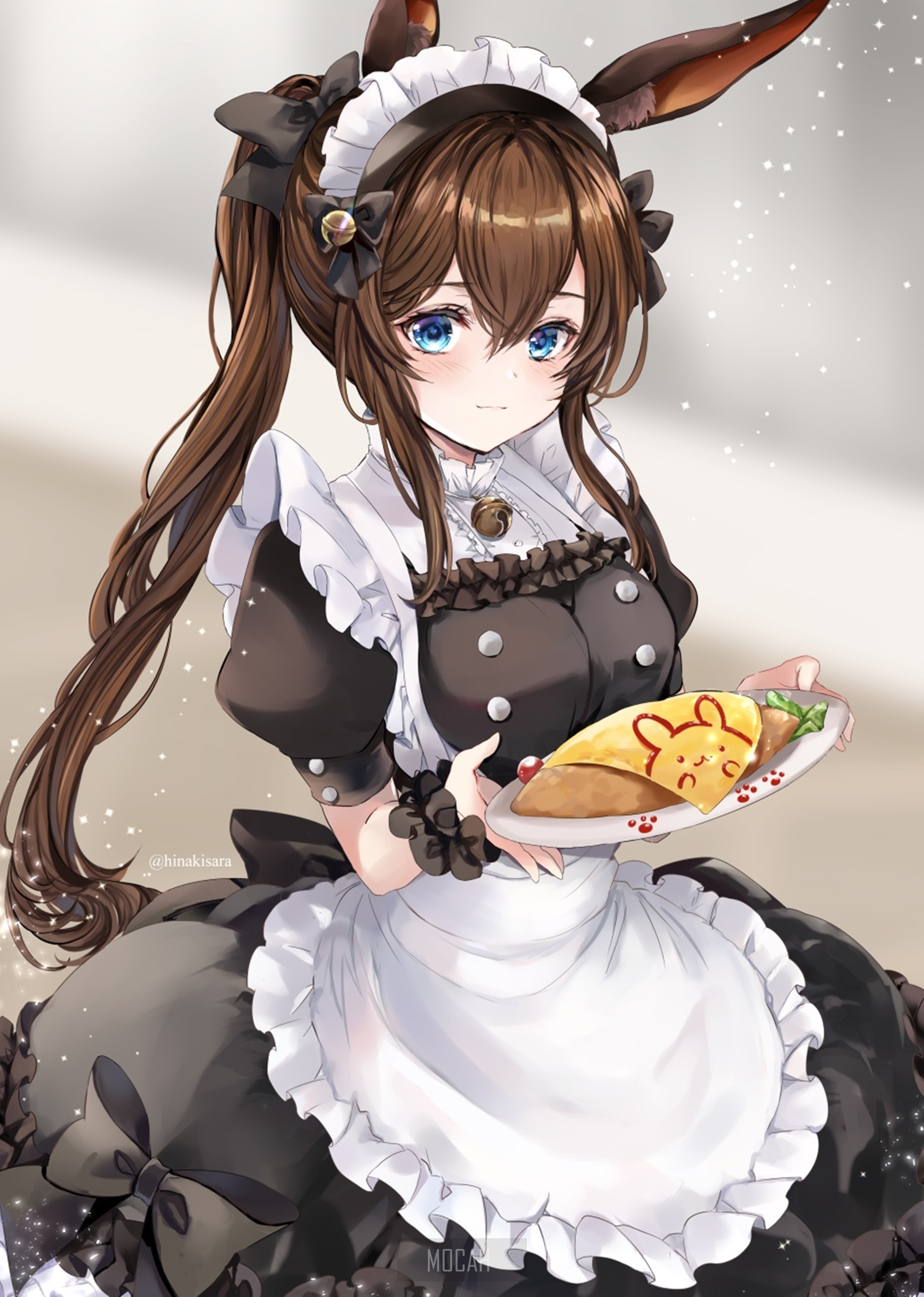 Anime girl in maid outfit holding omurice HD Phone Wallpaper