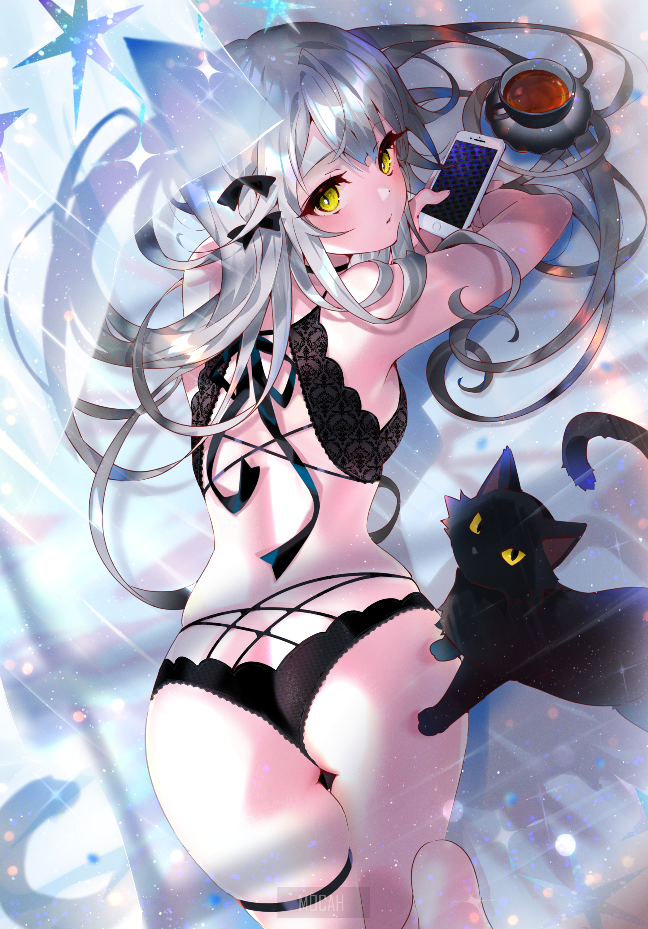 Anime girl in lingerie with black cat and coffee HD Phone Wallpaper