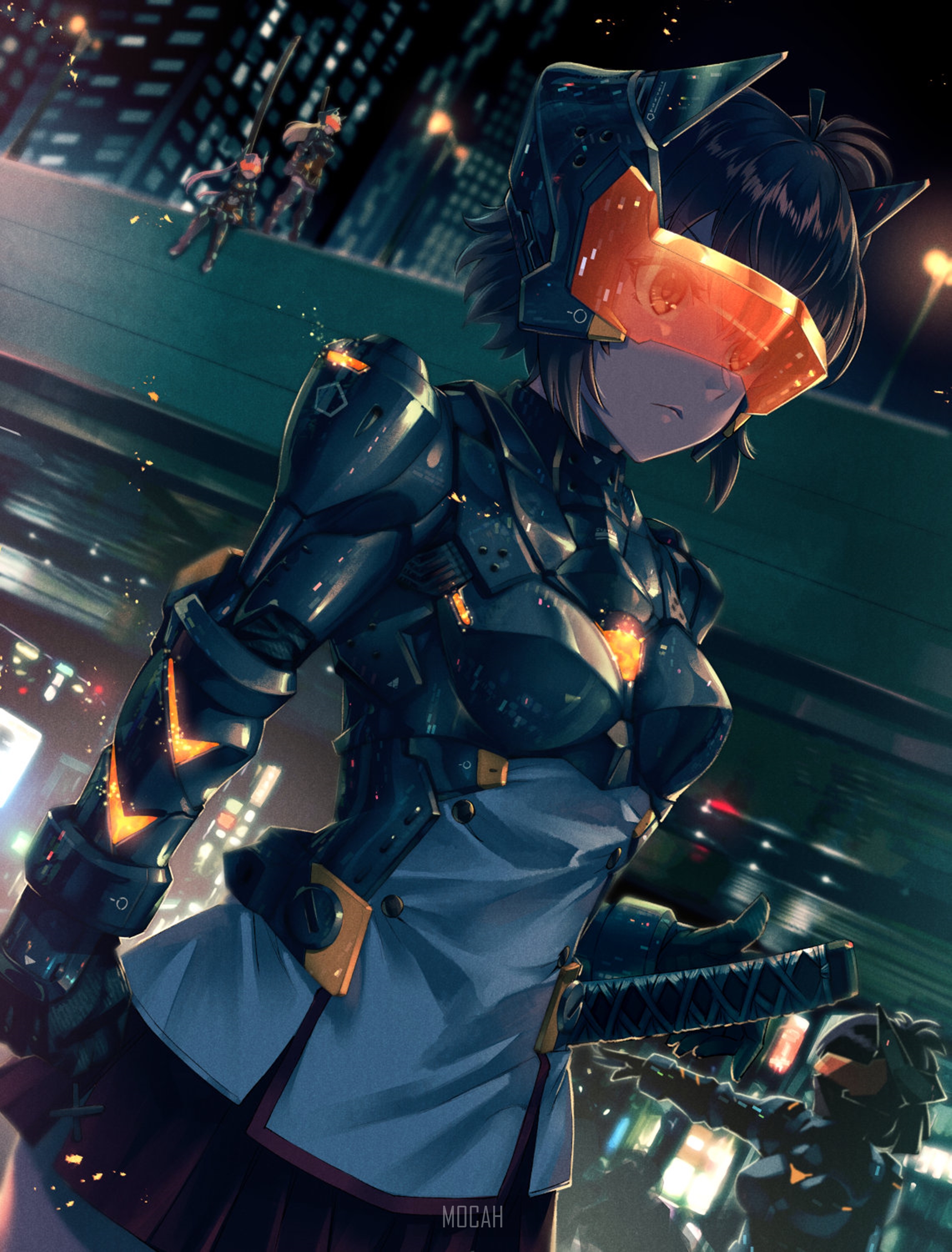 Anime girl in futuristic armor with katana in city HD Phone Wallpaper