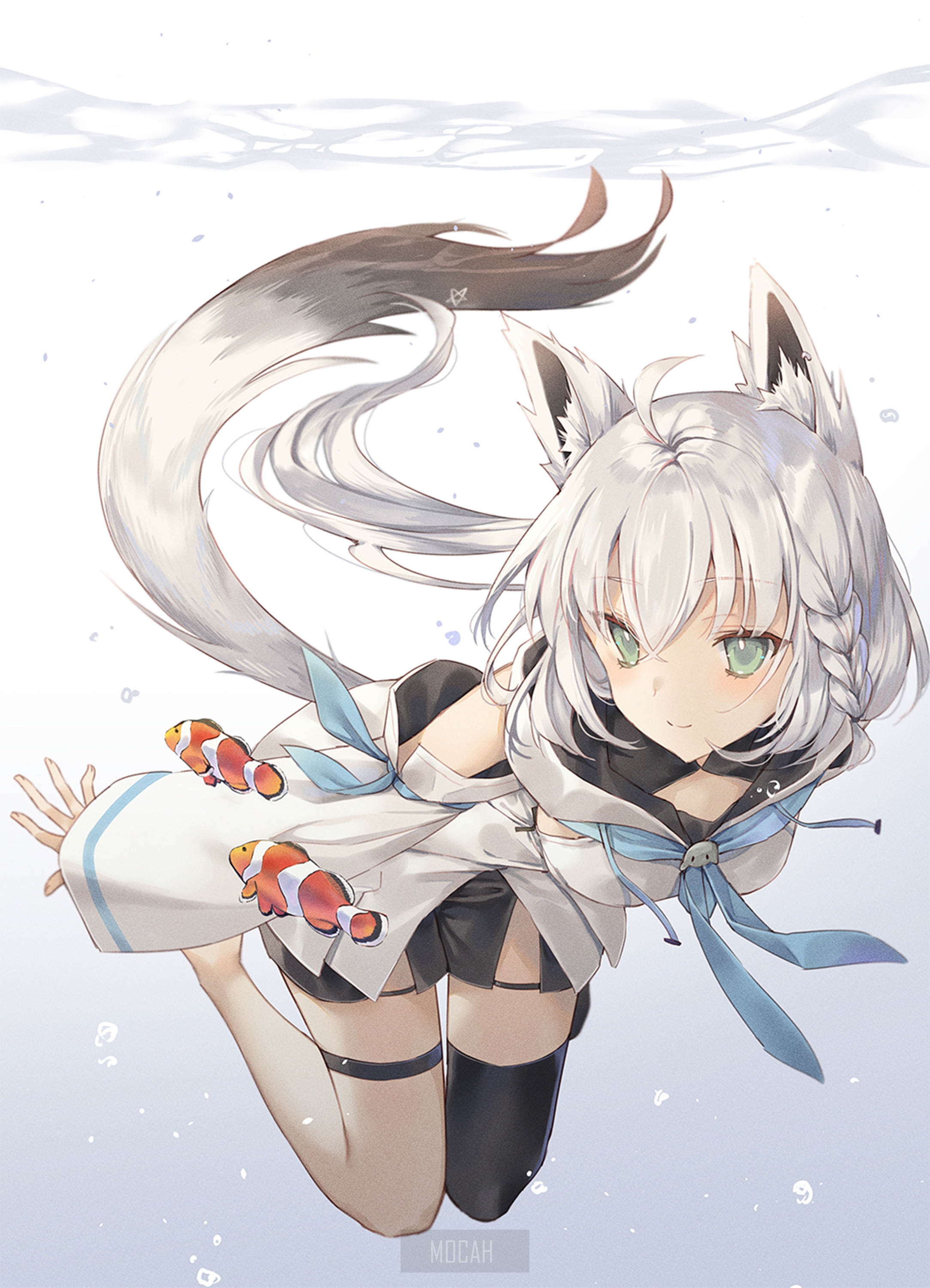 Shirakami Fubuki from Hololive underwater with clownfish HD Phone Wallpaper