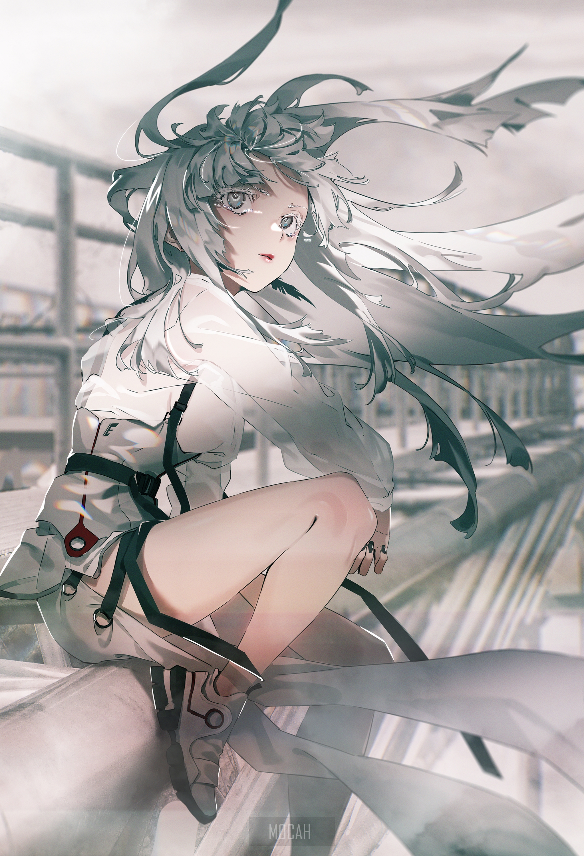 Anime girl with white hair and white clothing HD Phone Wallpaper
