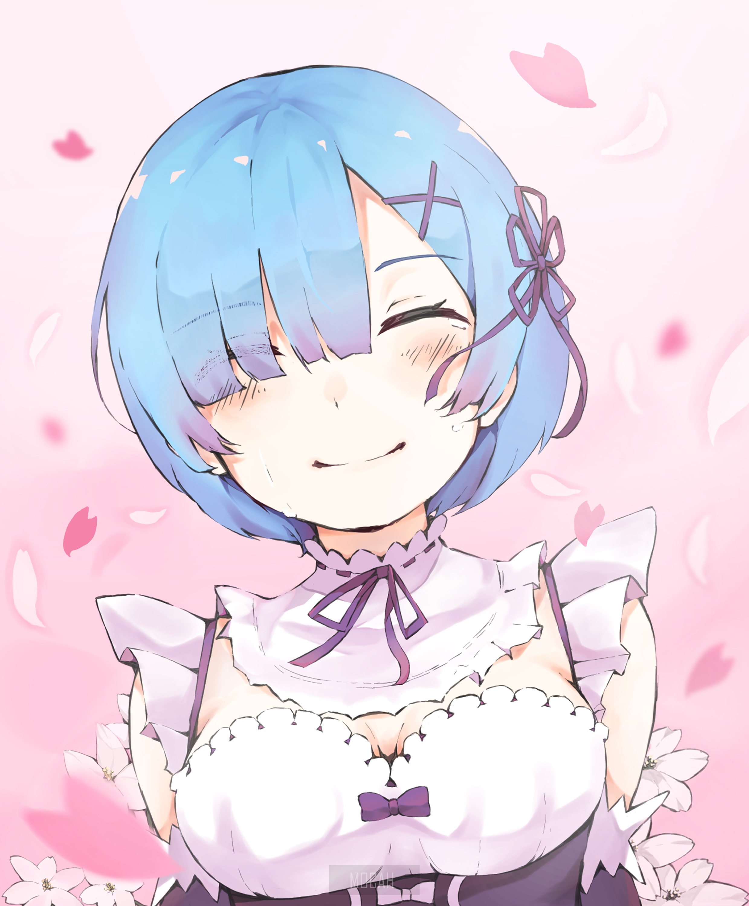 Rem from Re:Zero smiling with pink petals HD Phone Wallpaper