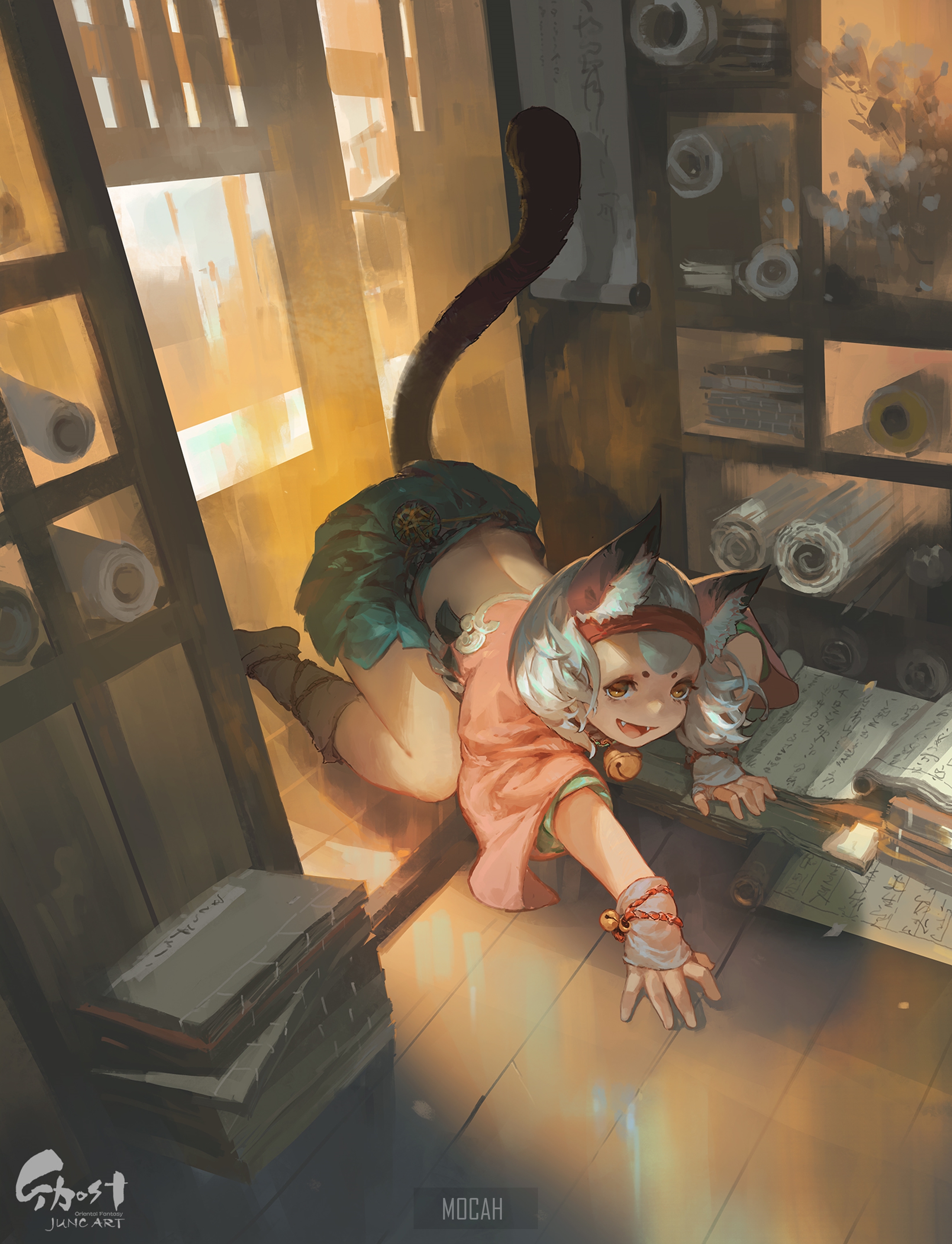 Anime girl with fox ears in a library HD Phone Wallpaper