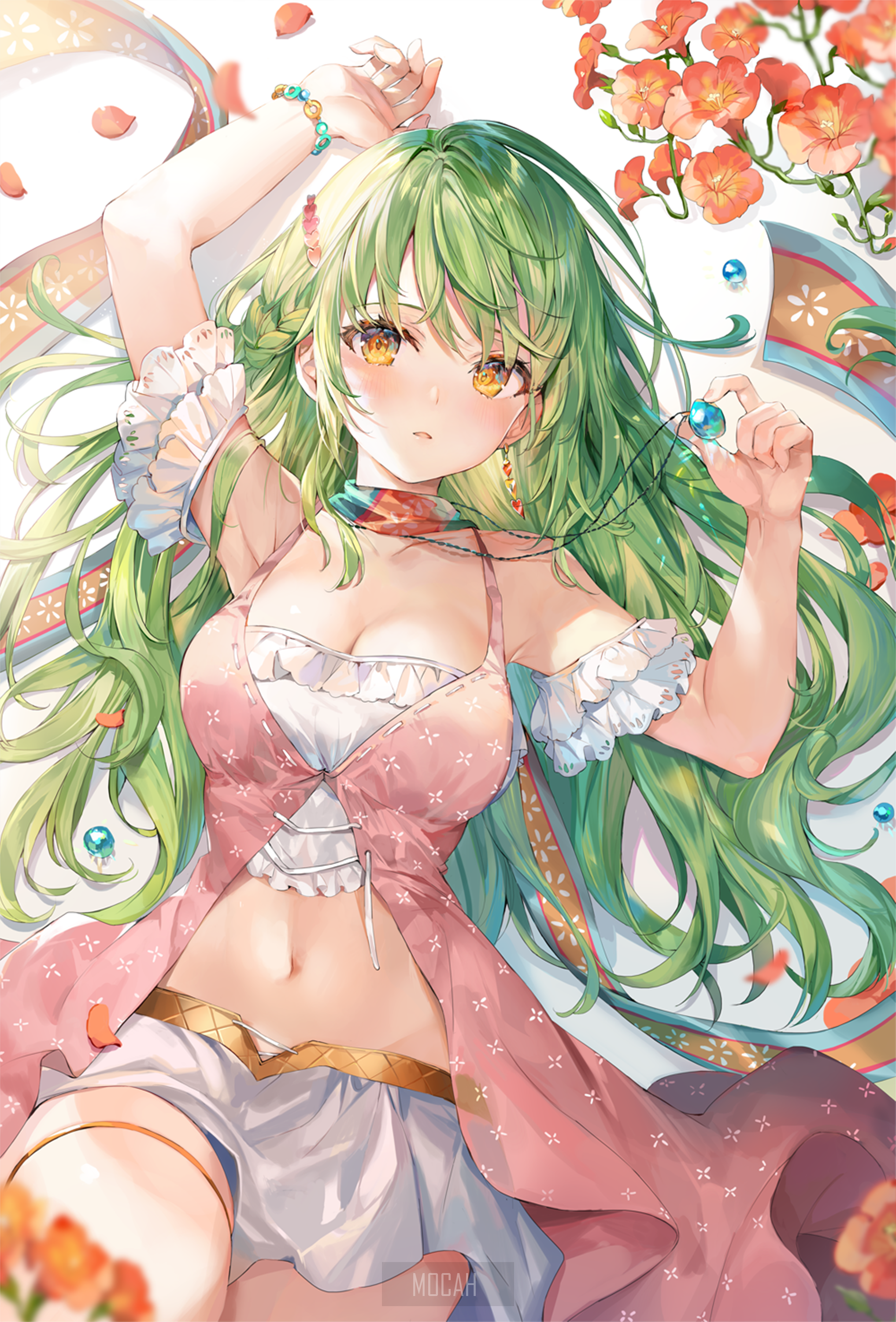 Anime girl with green hair lying down HD Phone Wallpaper
