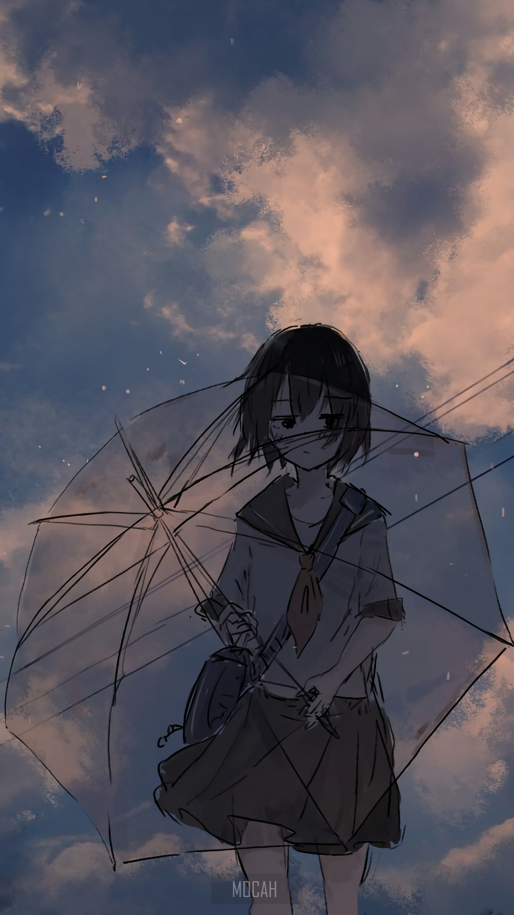 Anime girl with umbrella against cloudy sky HD Phone Wallpaper