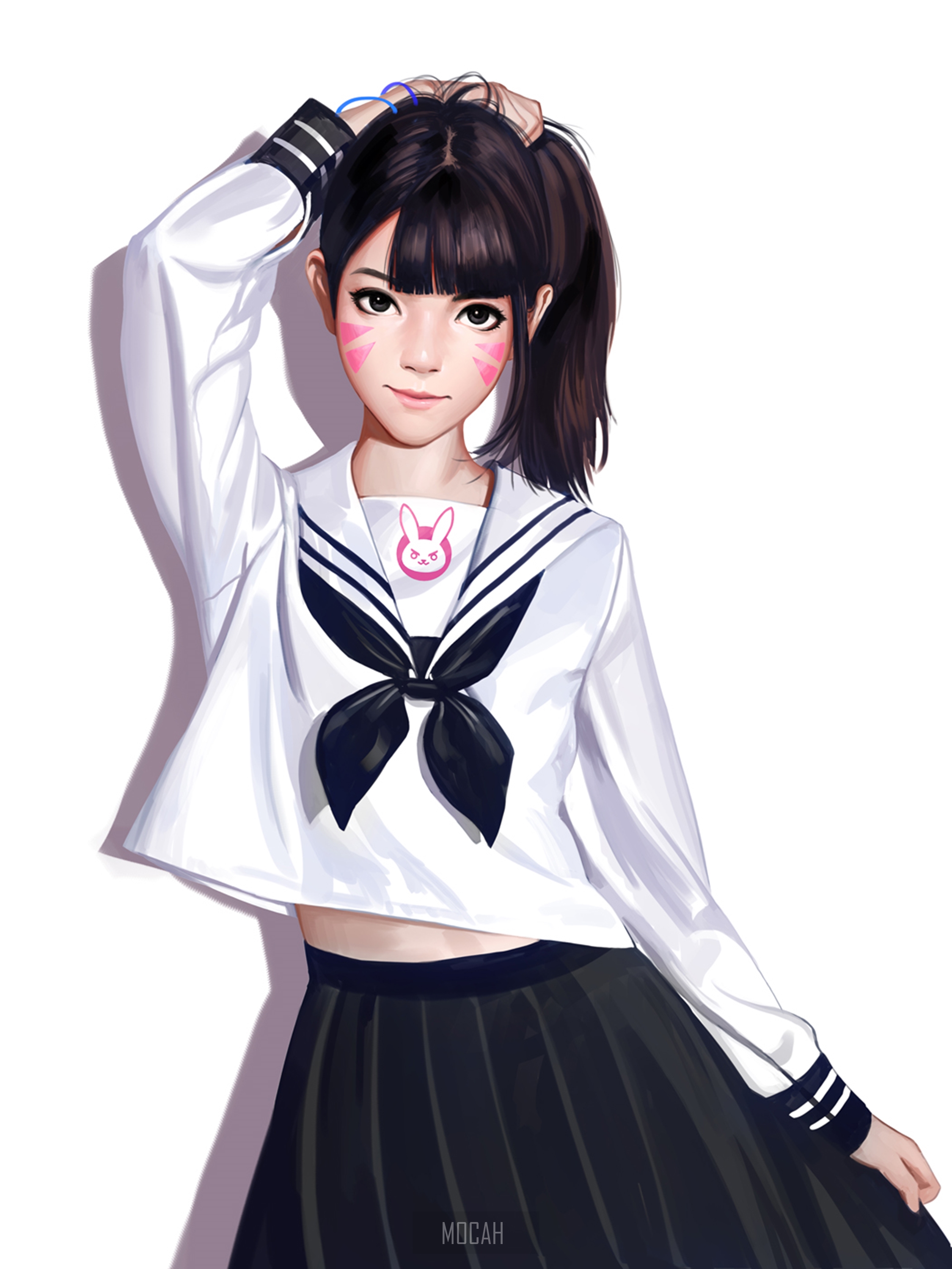 D.Va from Overwatch in a schoolgirl outfit HD Phone Wallpaper