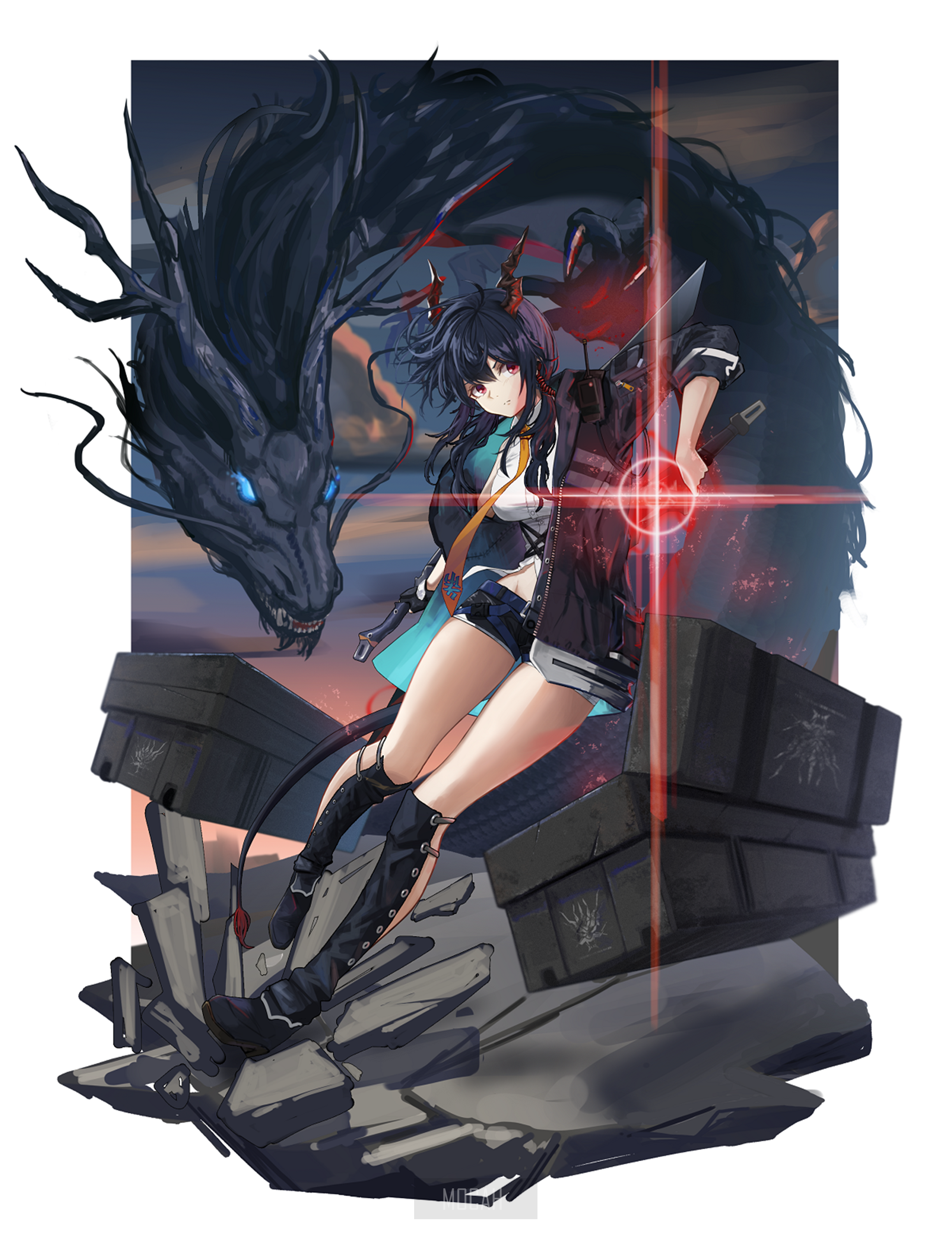 Anime girl with dragon and weapons HD Phone Wallpaper