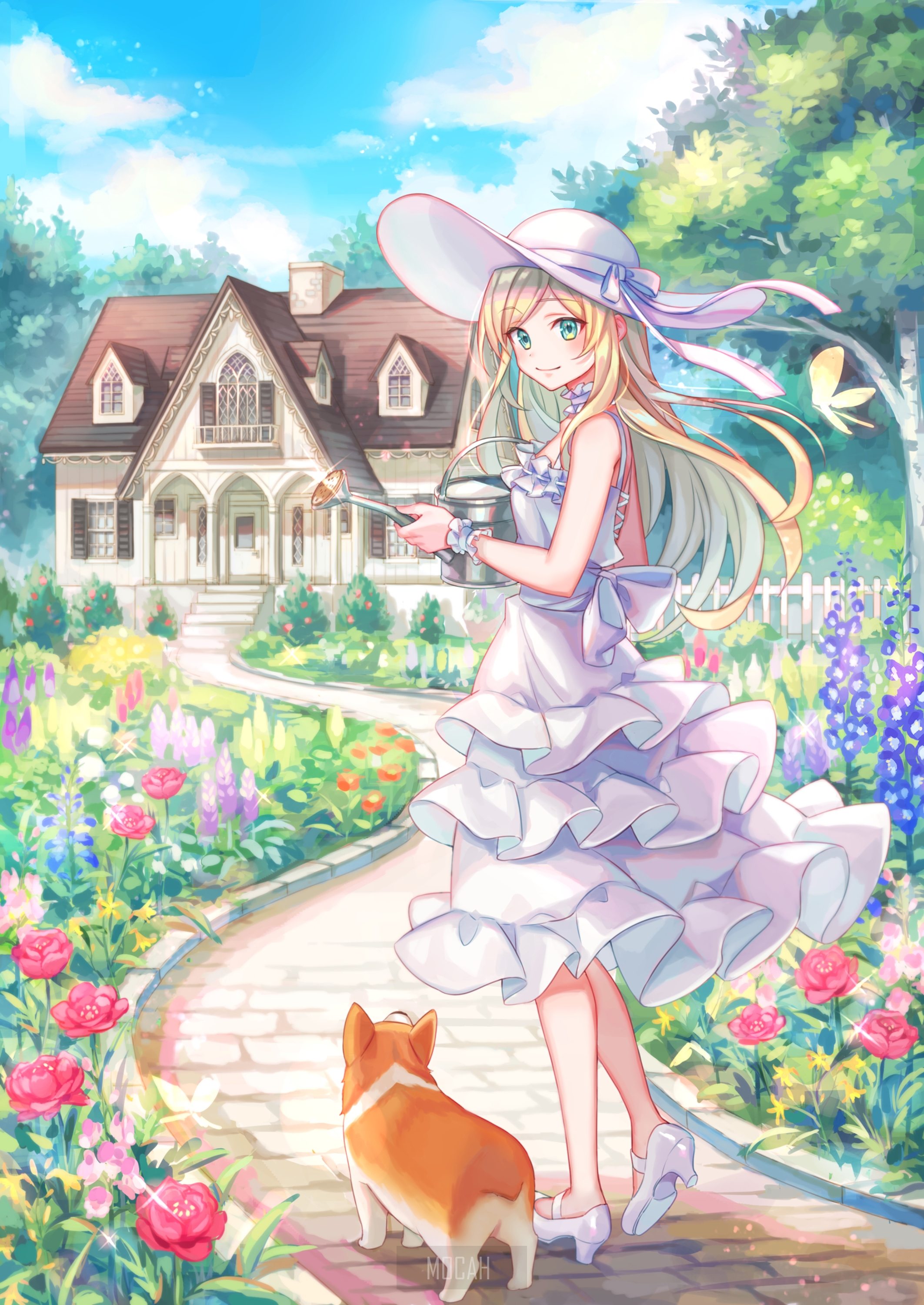 Anime girl watering plants with corgi in garden HD Phone Wallpaper