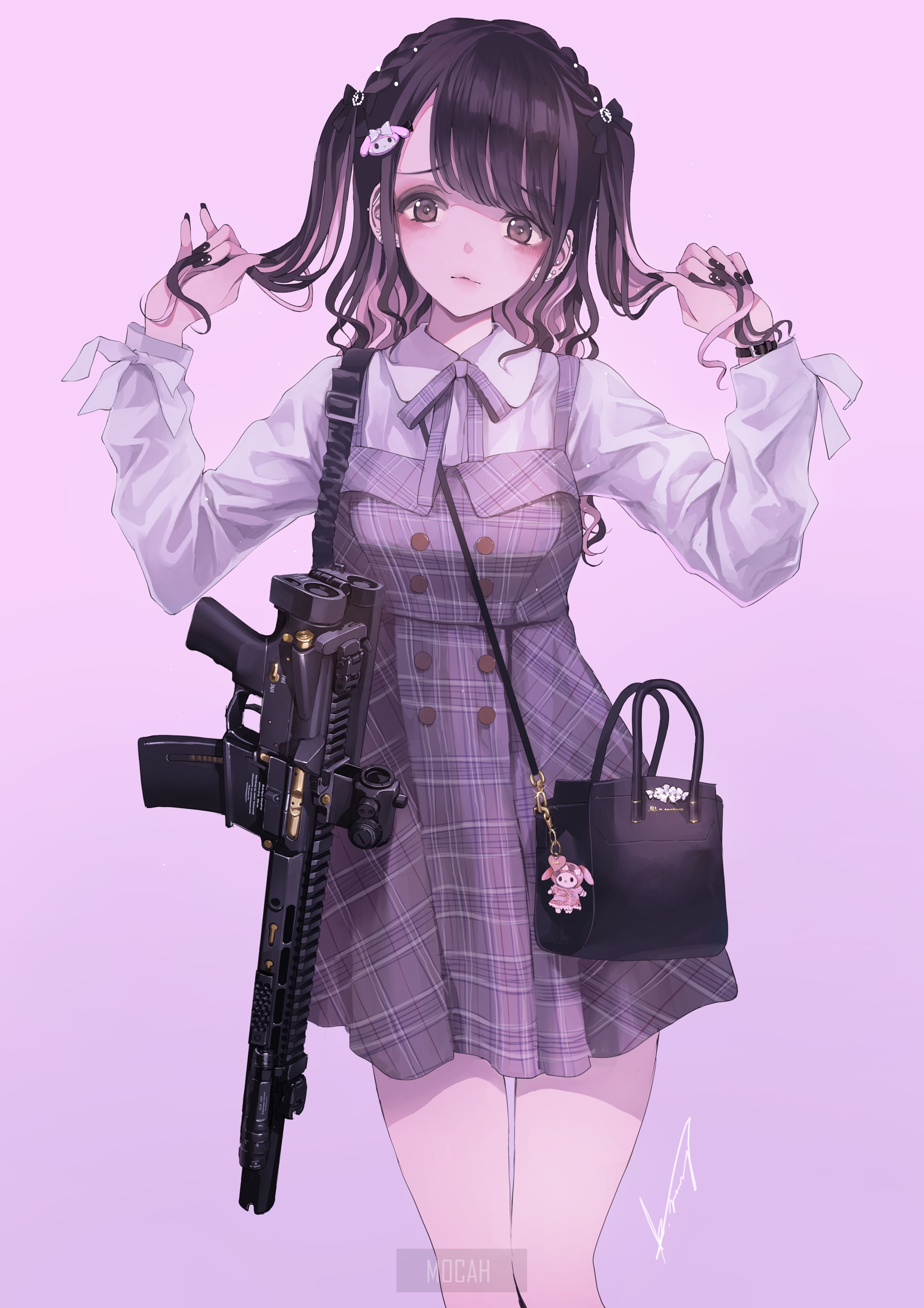 Minagi Kou with a rifle and handbag HD Phone Wallpaper