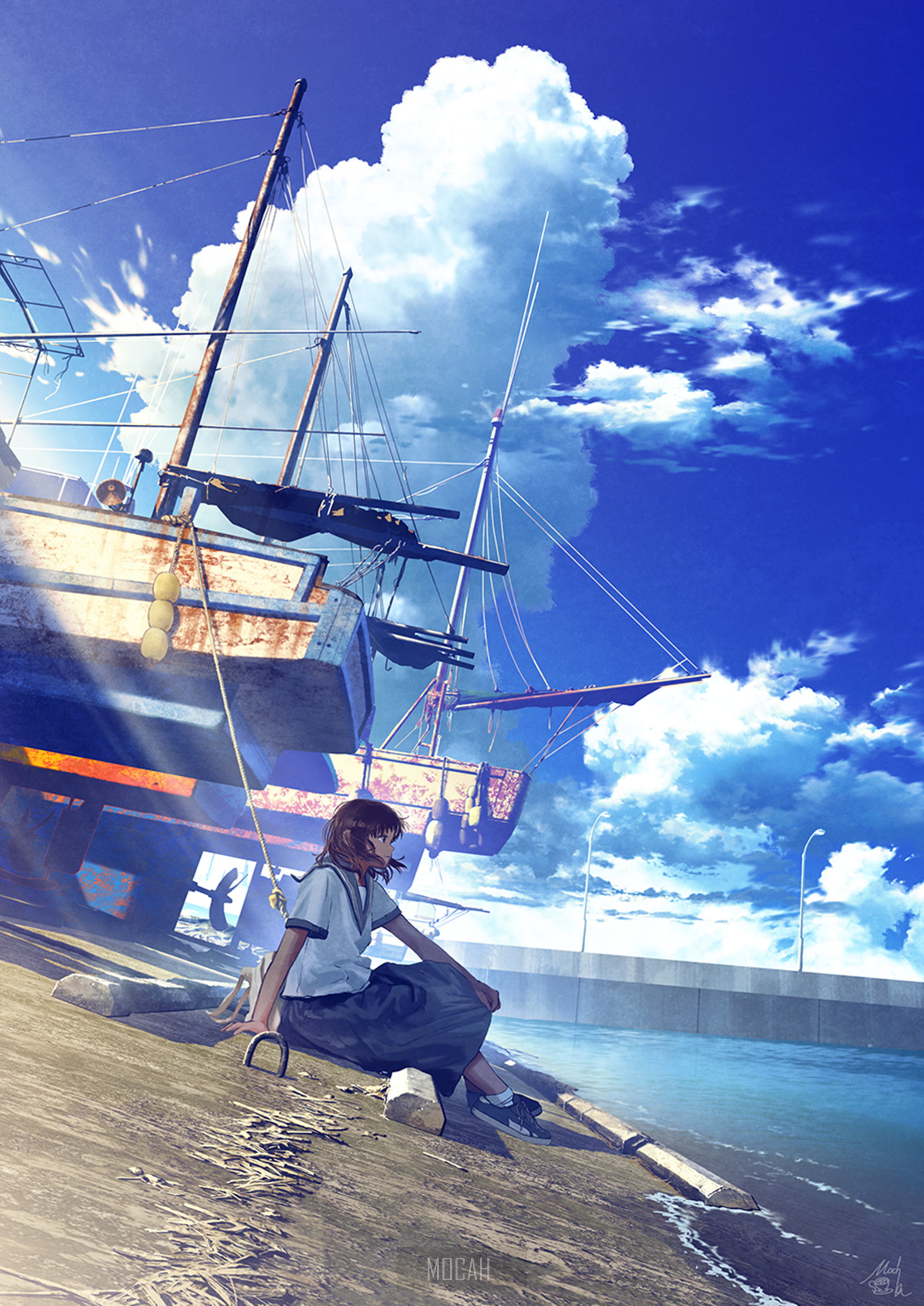Anime girl sitting by a derelict ship under a cloudy sky HD Phone Wallpaper