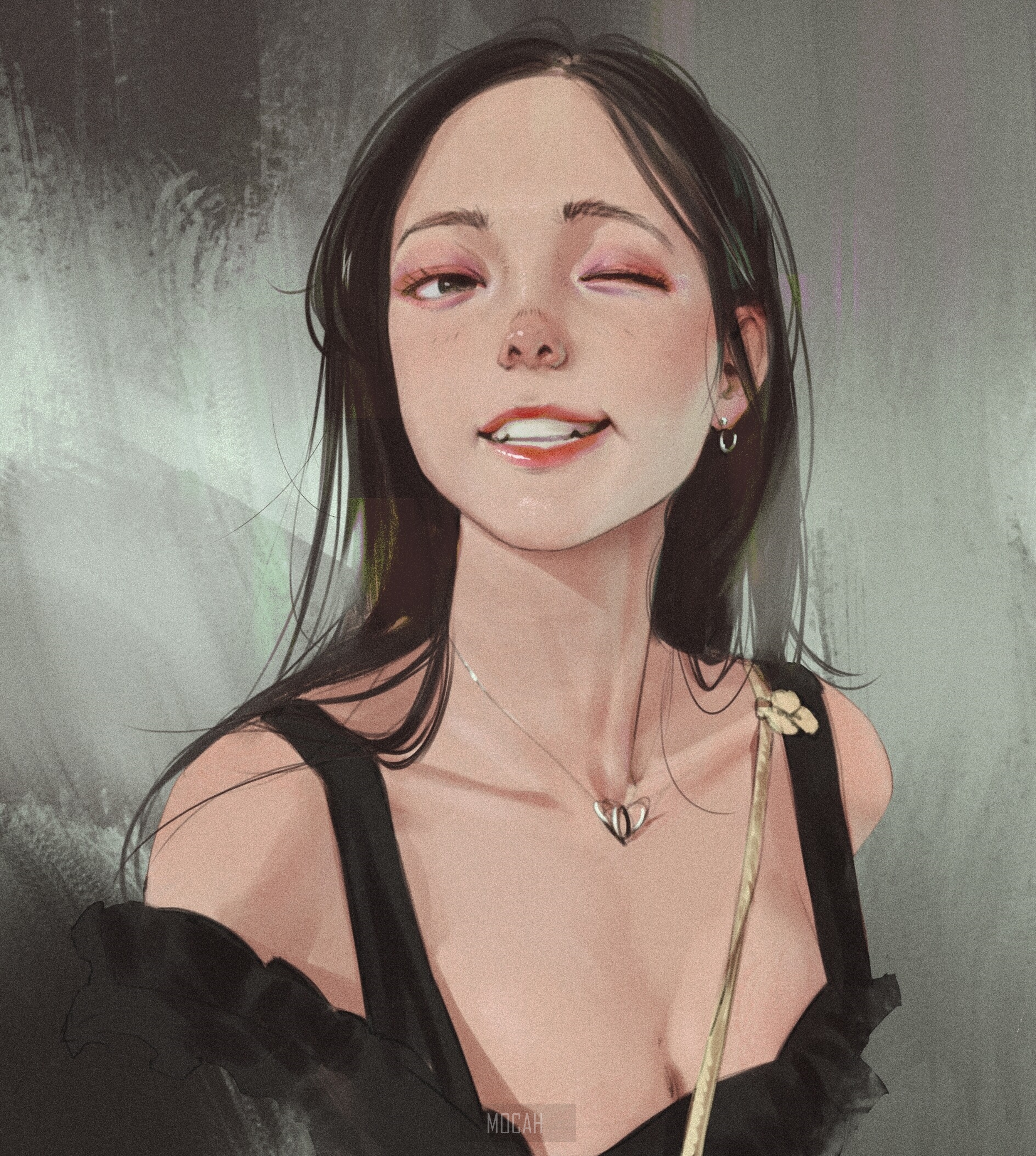 Woman with dark hair winking, wearing a black dress and necklace HD Phone Wallpaper