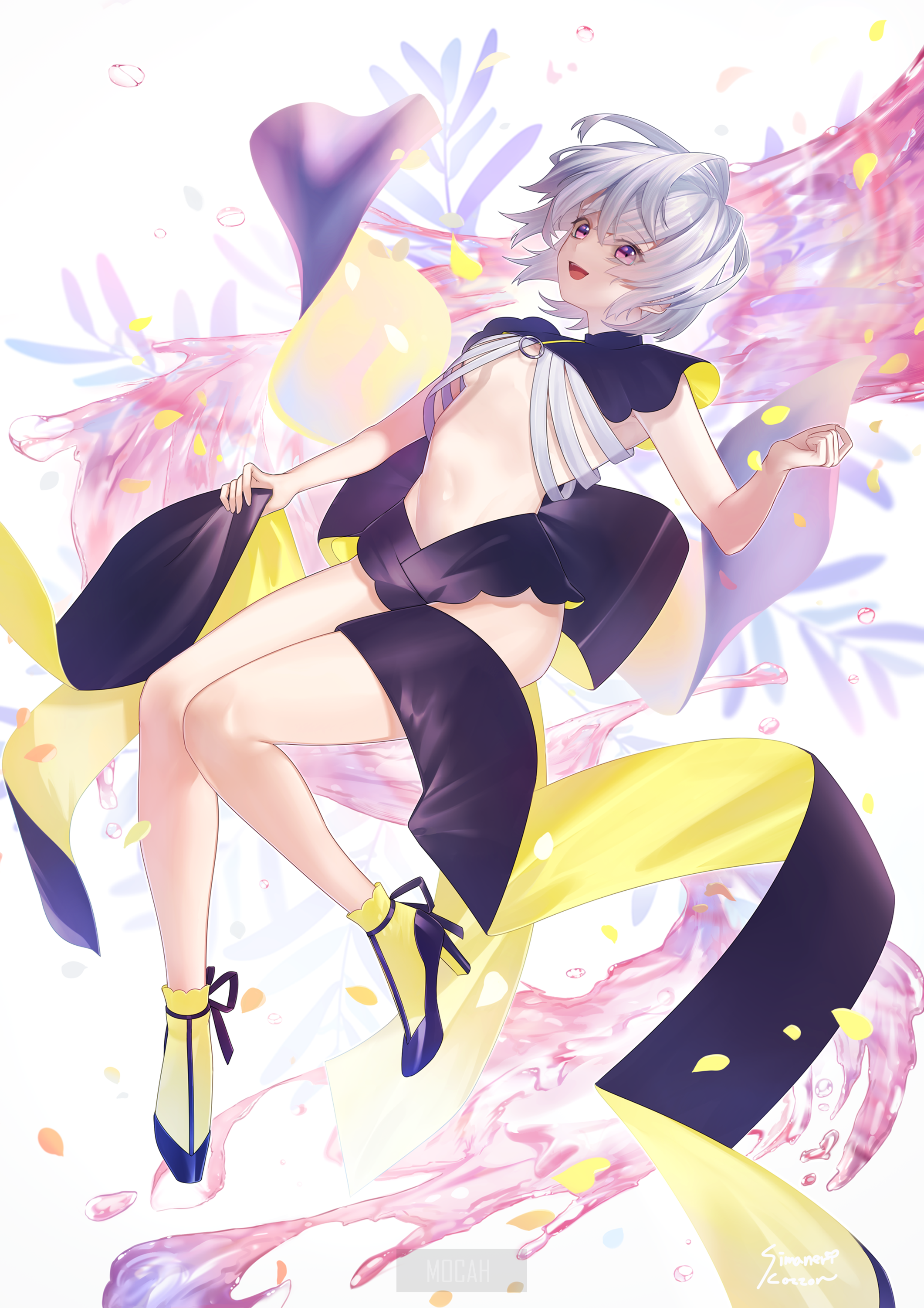 Anime girl with flowing ribbons and petals HD Phone Wallpaper