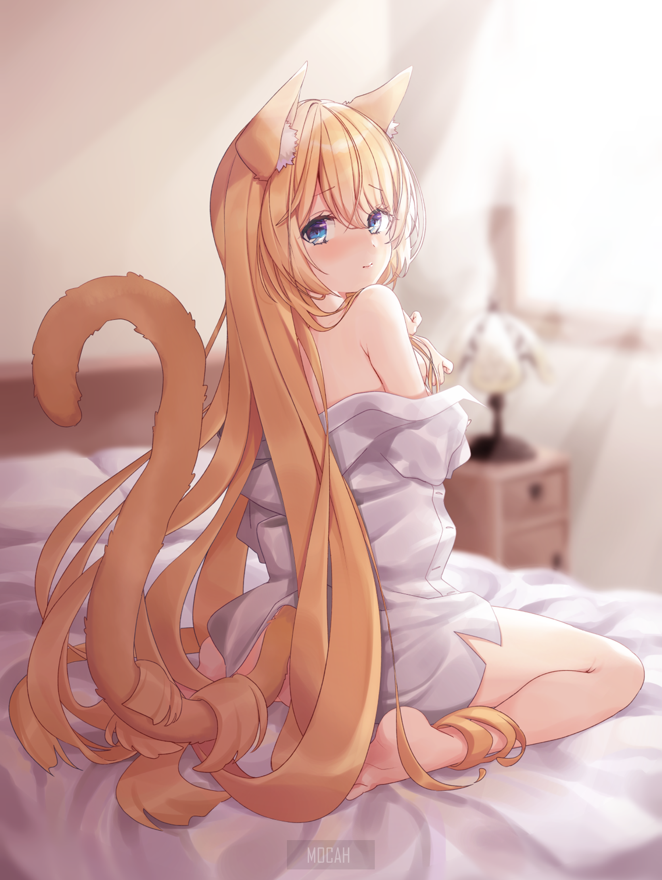 Anime cat girl in oversized shirt on bed HD Phone Wallpaper