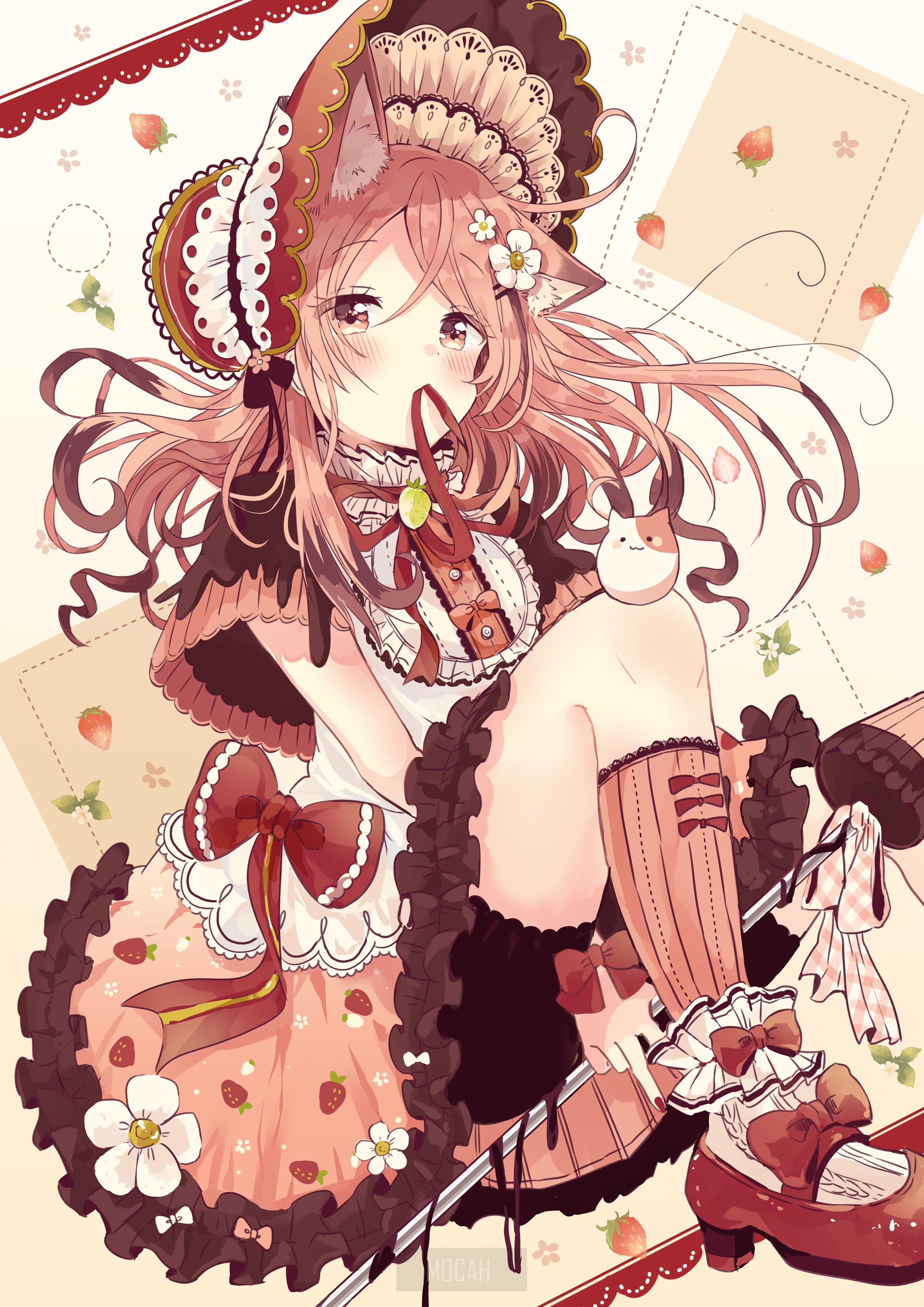 Anime girl with cat ears and strawberry dress HD Phone Wallpaper