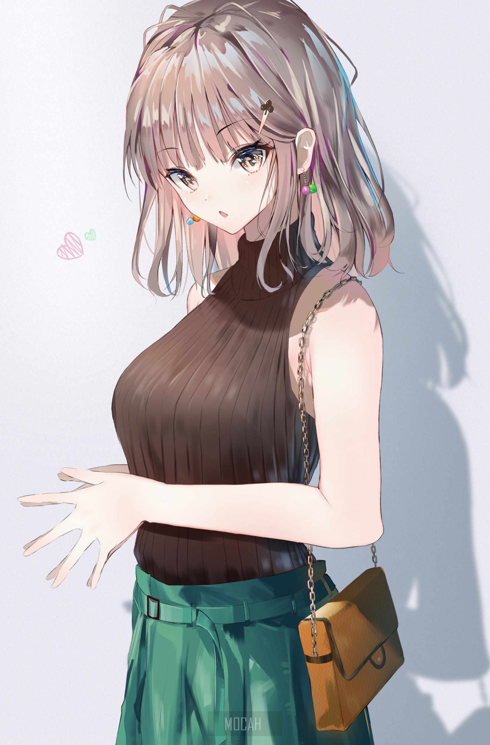 Anime girl with brown hair and earrings HD Phone Wallpaper