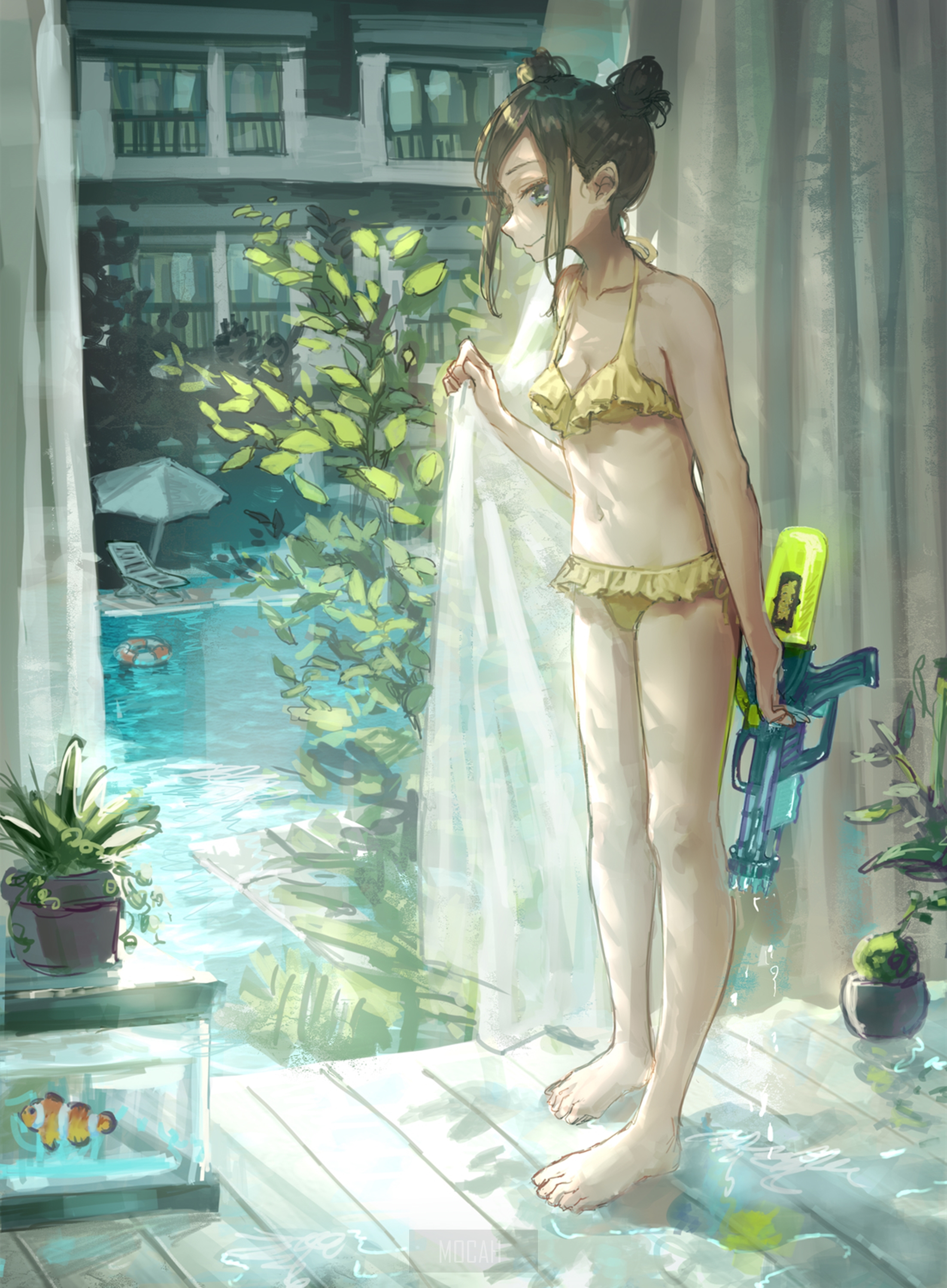 Anime girl in yellow bikini holding a water gun HD Phone Wallpaper