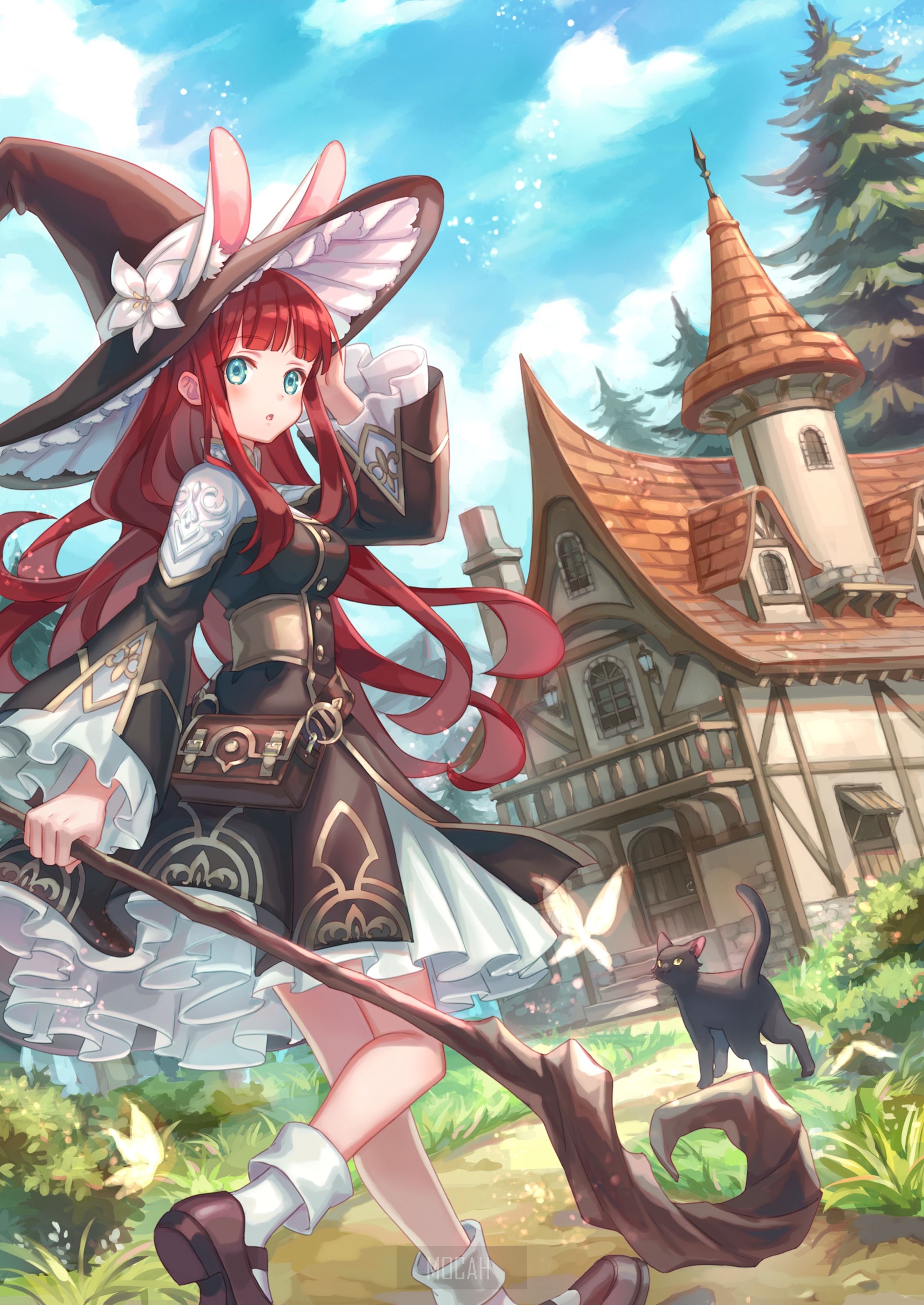 Anime girl with witch hat and staff near house HD Phone Wallpaper