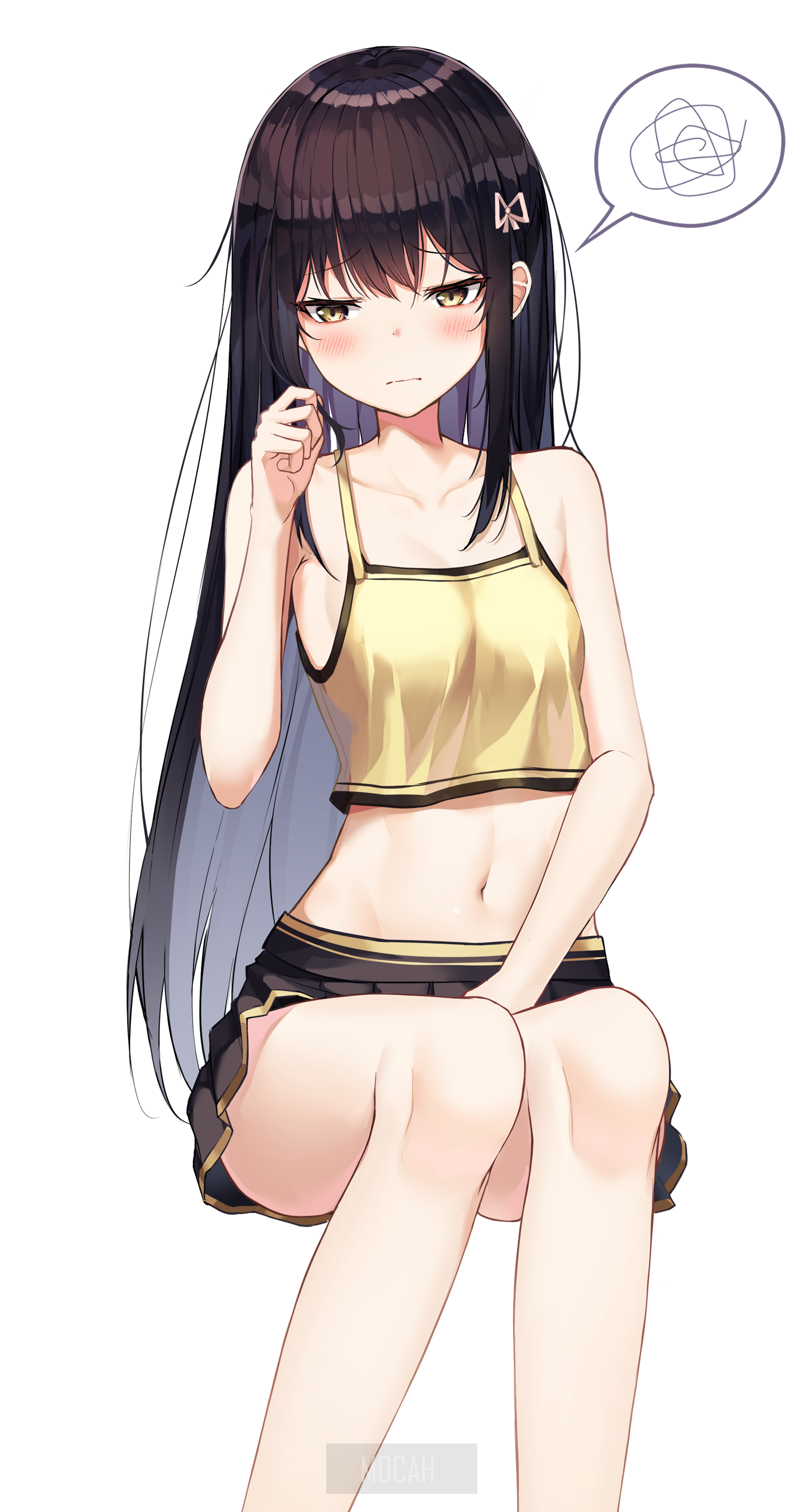 Anime girl with long dark hair and yellow top HD Phone Wallpaper