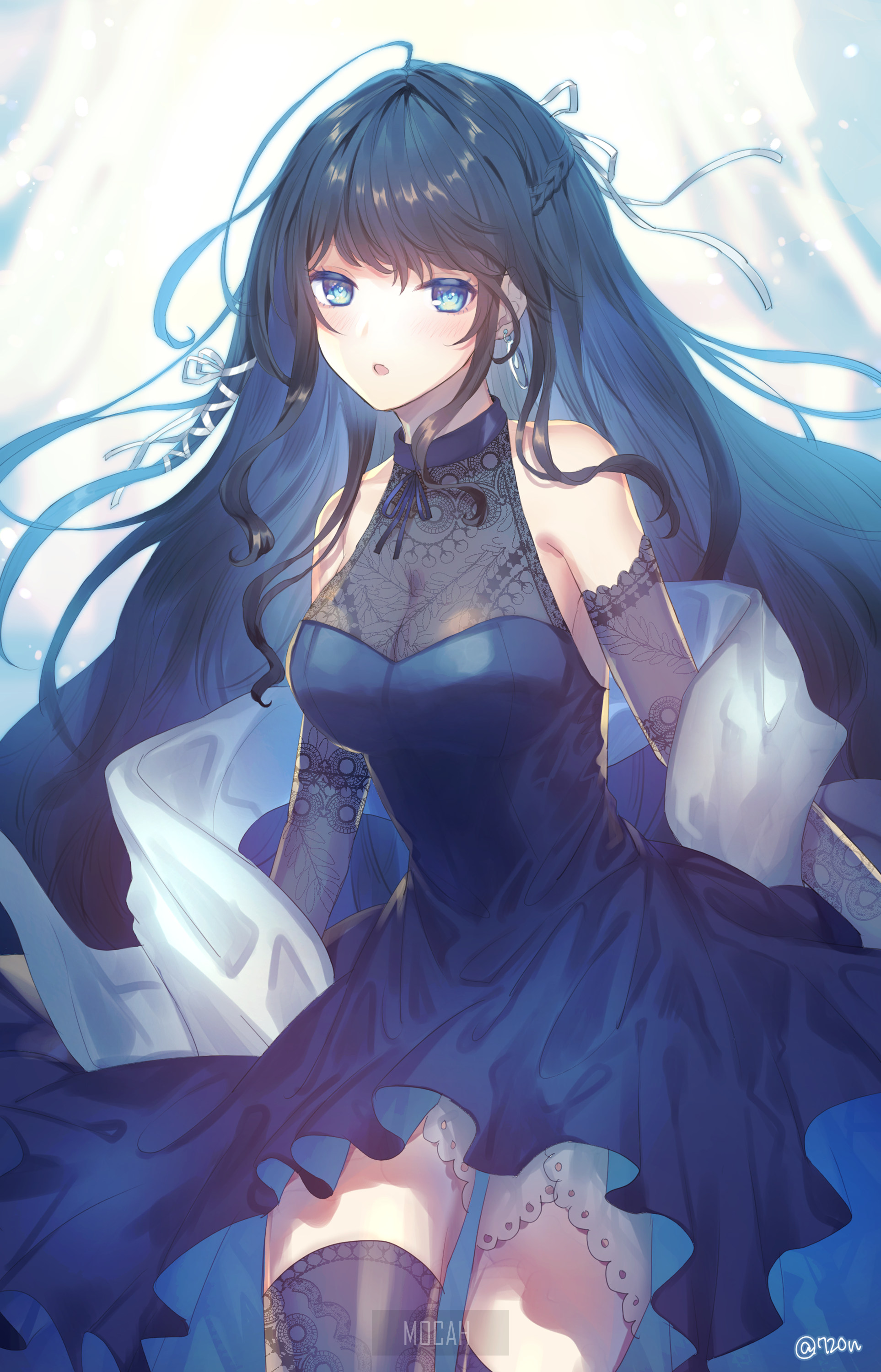 Anime girl in a dark blue dress with long black hair HD Phone Wallpaper