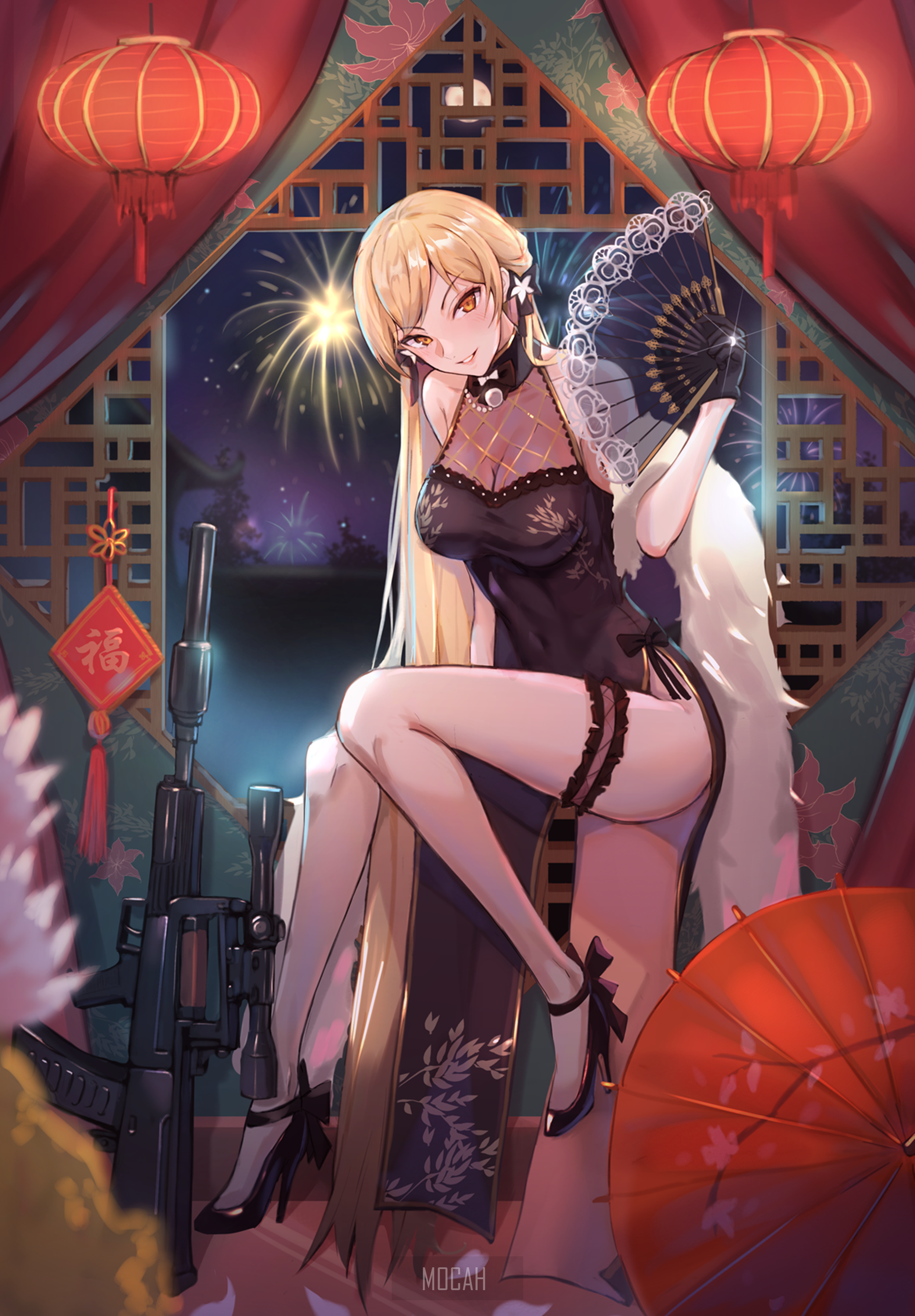 Anime girl in cheongsam with sniper rifle and fan HD Phone Wallpaper