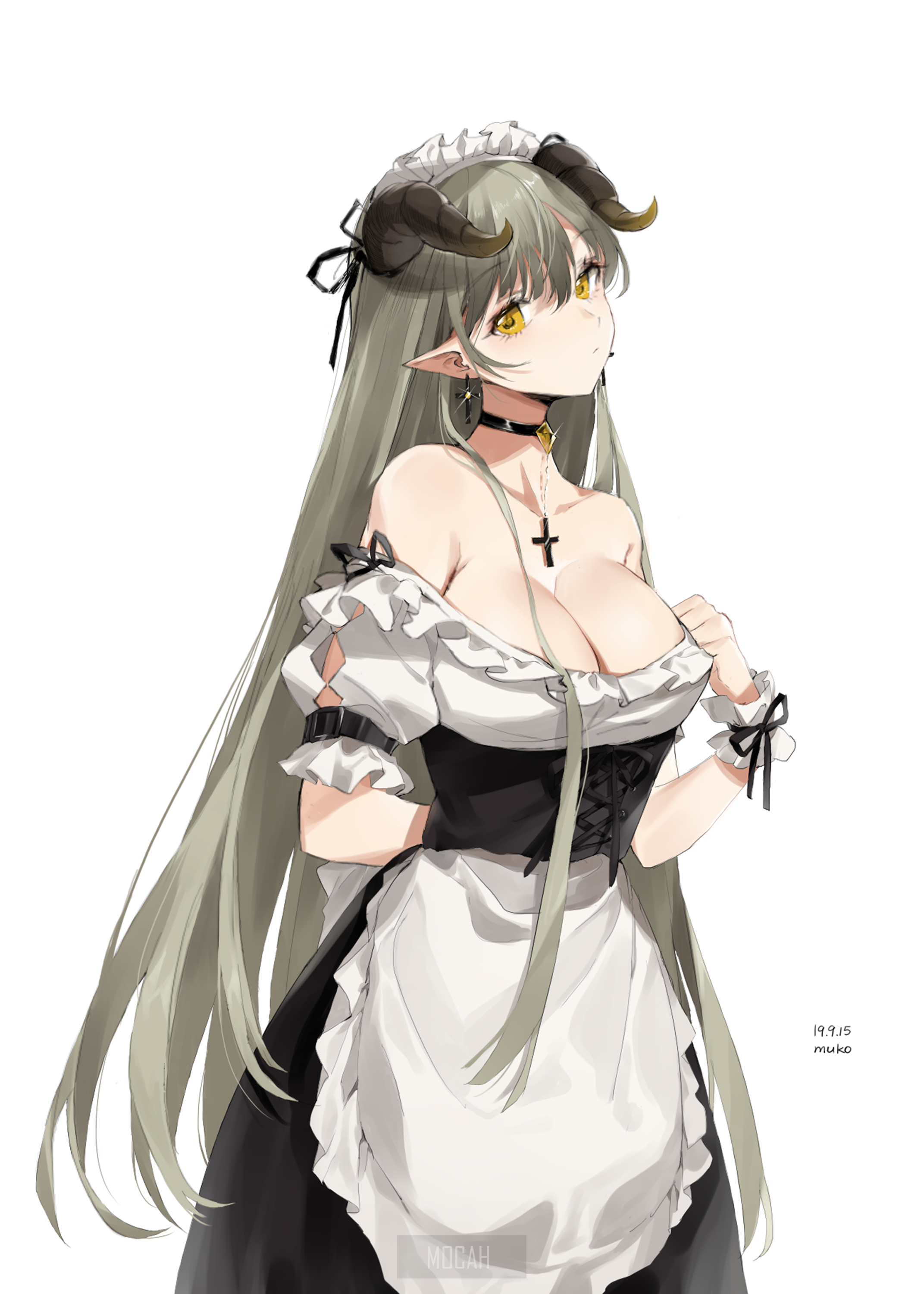 Anime Girl with Horns in Maid Outfit HD Phone Wallpaper