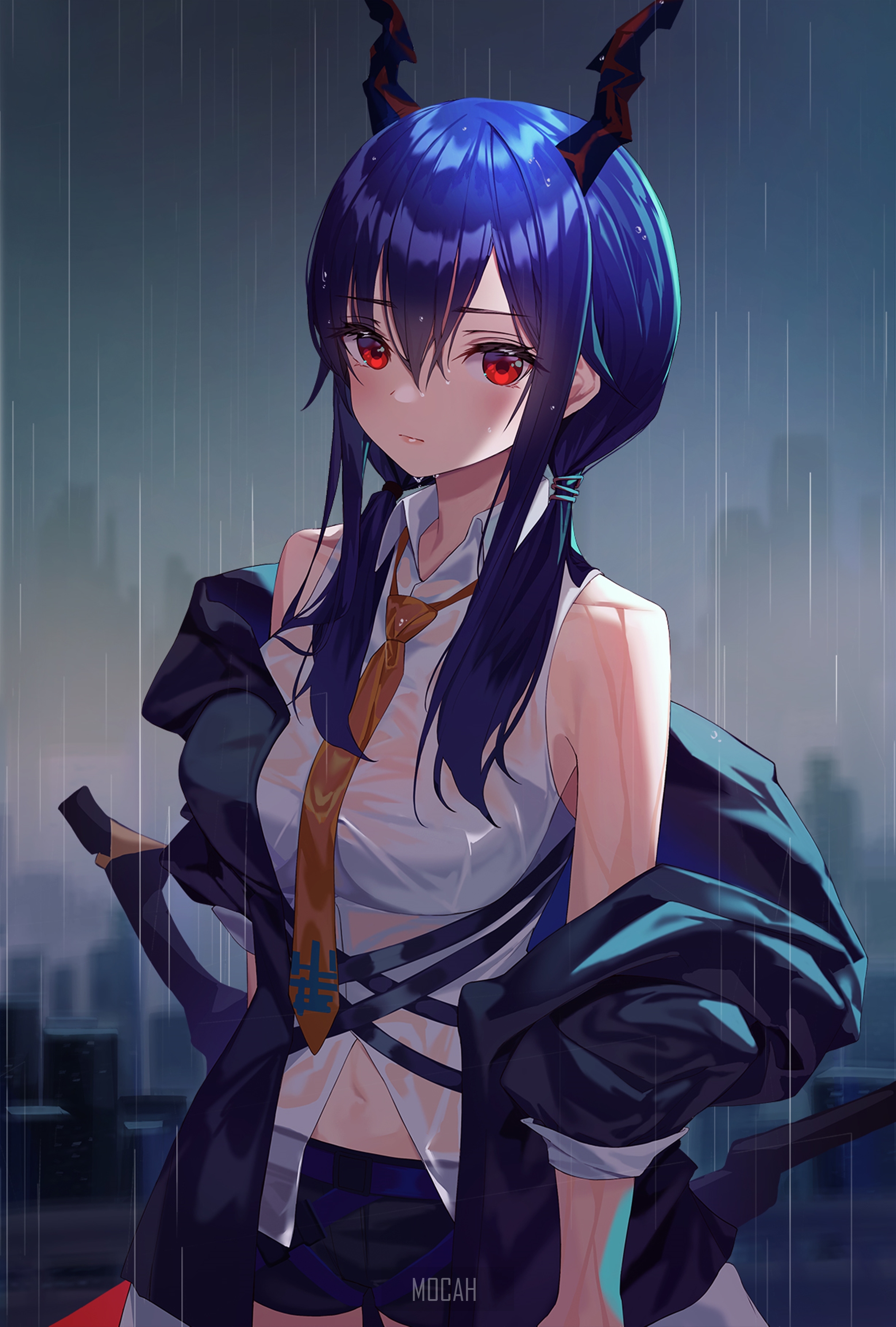 Anime girl with blue hair and red eyes in the rain HD Phone Wallpaper