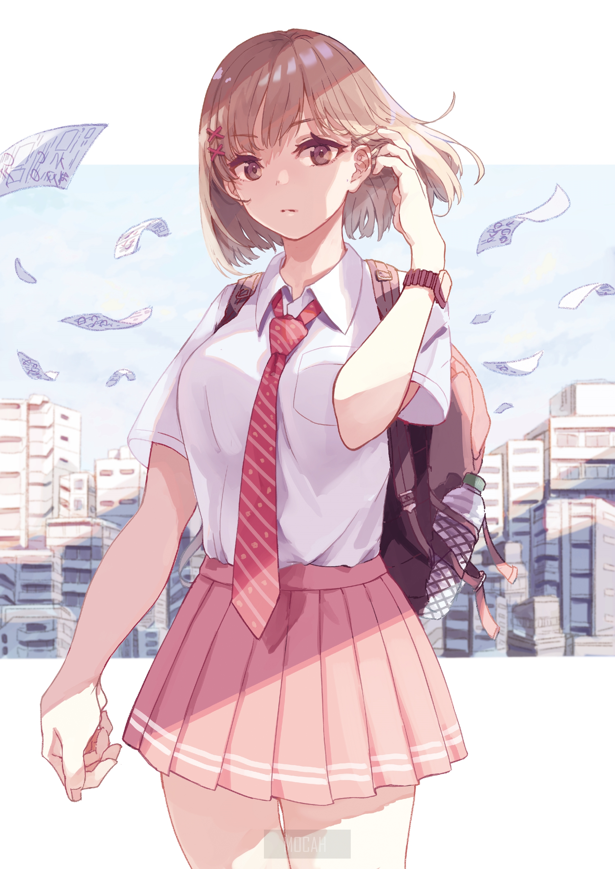 Anime girl in school uniform walking outdoors HD Phone Wallpaper