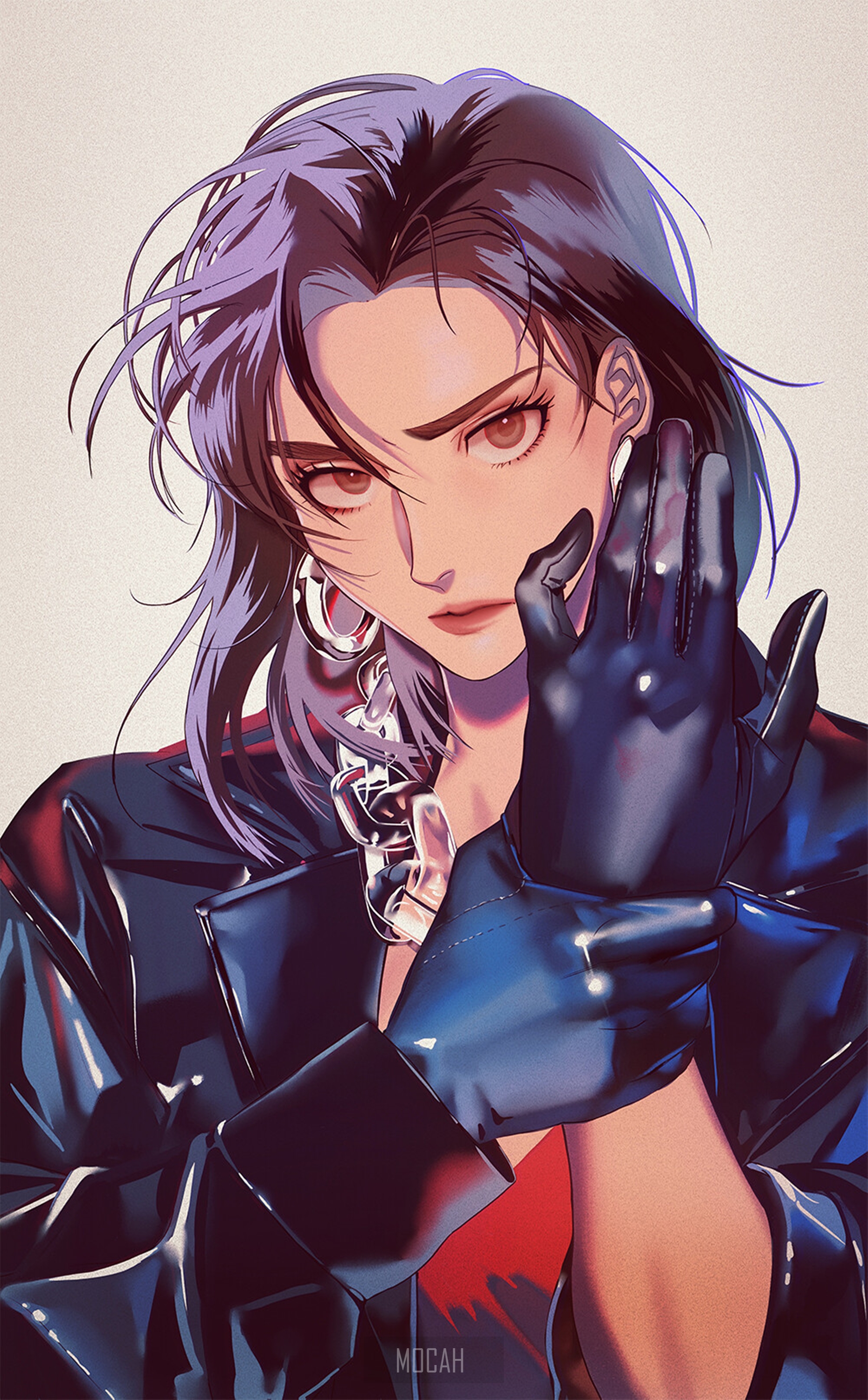Anime girl with purple hair wearing black gloves and jacket HD Phone Wallpaper