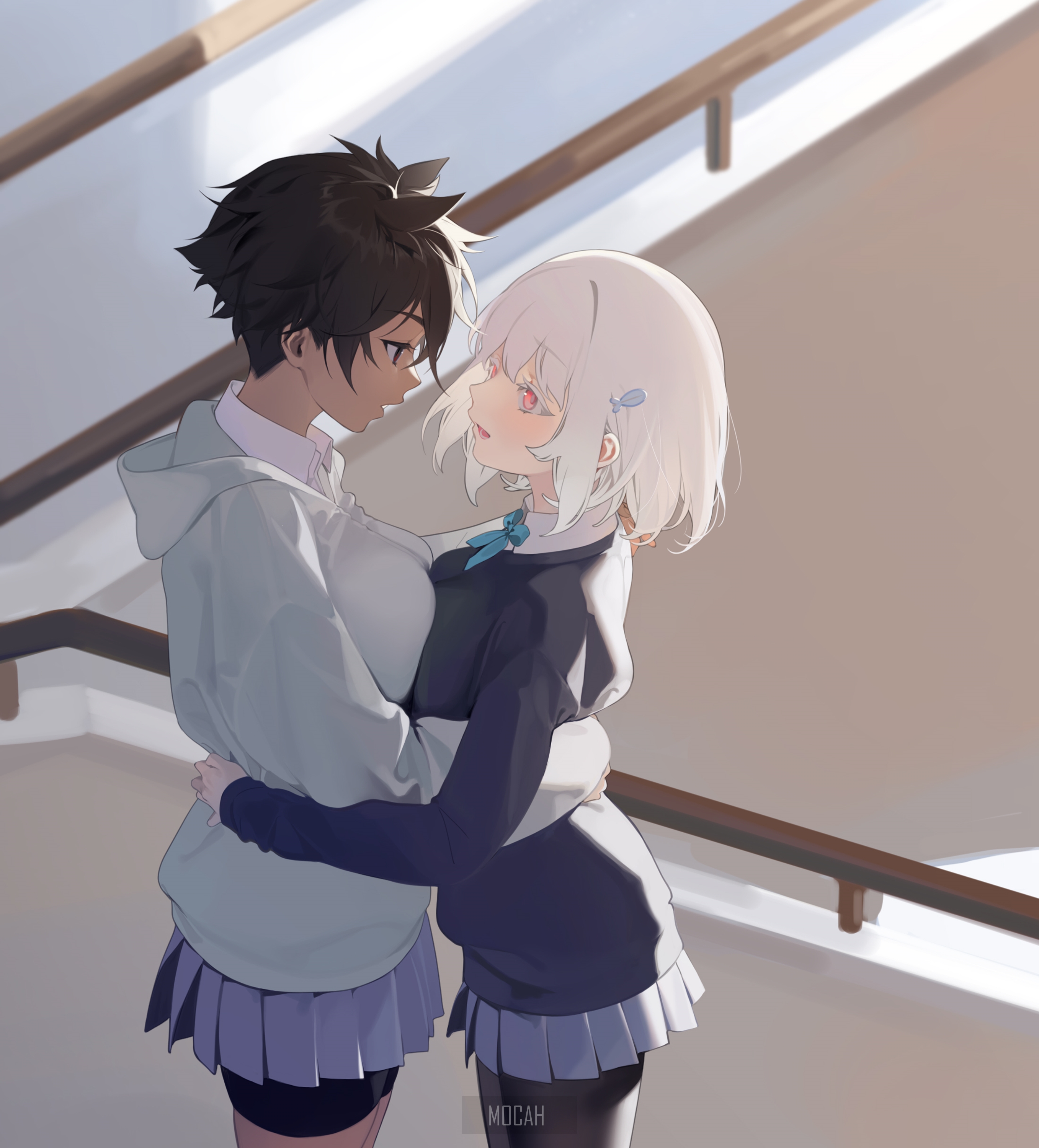 Two anime girls embracing on stairs HD Phone Wallpaper