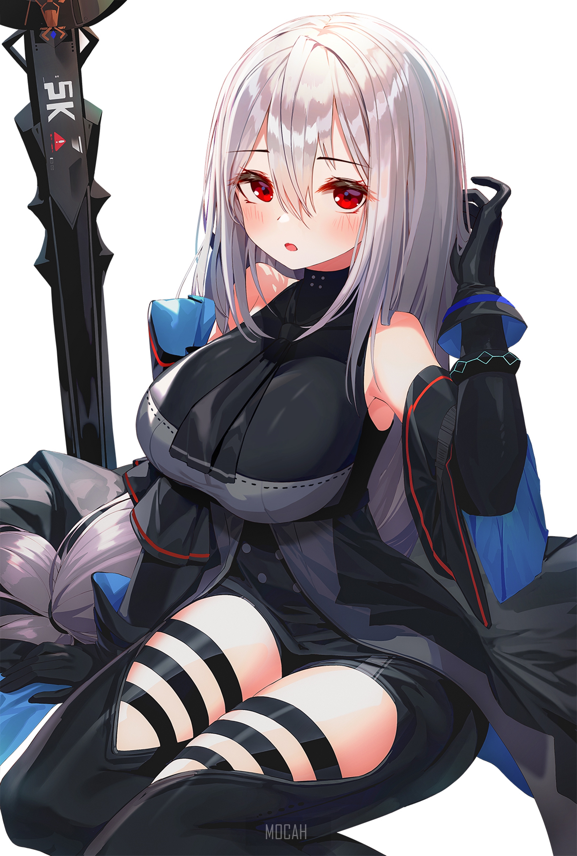 White-Haired Anime Girl with Red Eyes in Black Outfit HD Phone Wallpaper
