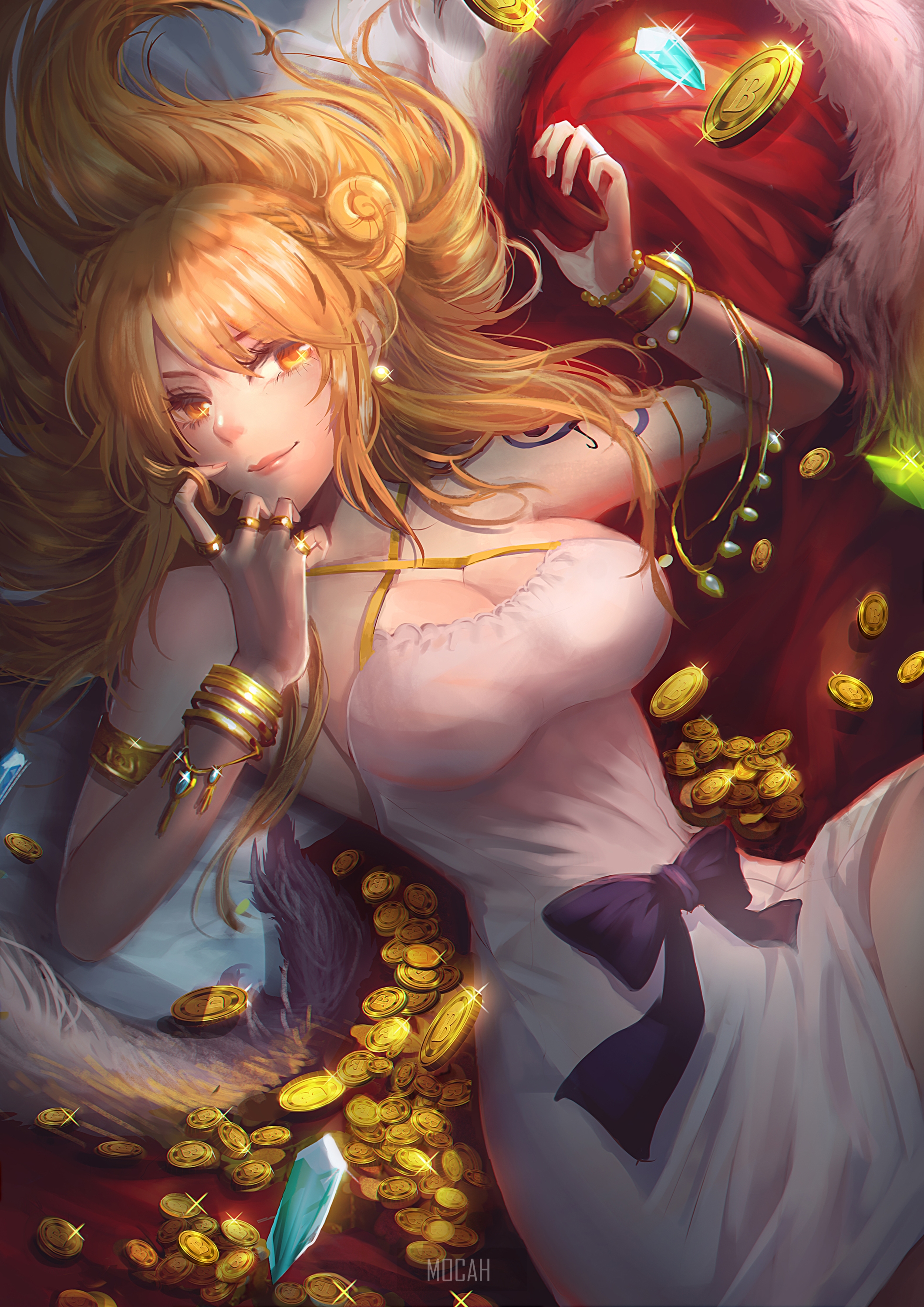 Anime girl lying on treasure with gold coins and jewels HD Phone Wallpaper