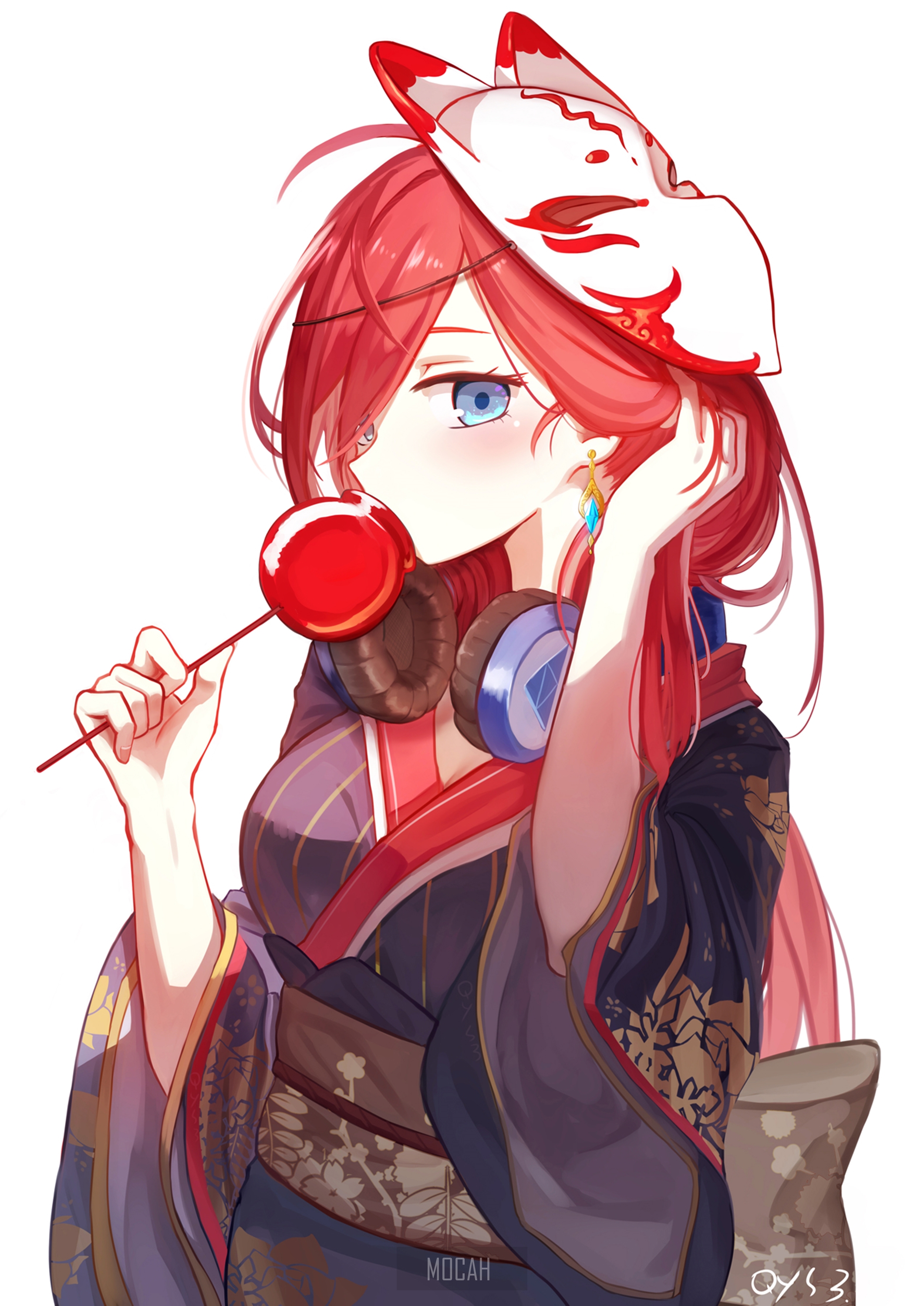 Anime girl with red hair and fox mask holding lollipop HD Phone Wallpaper