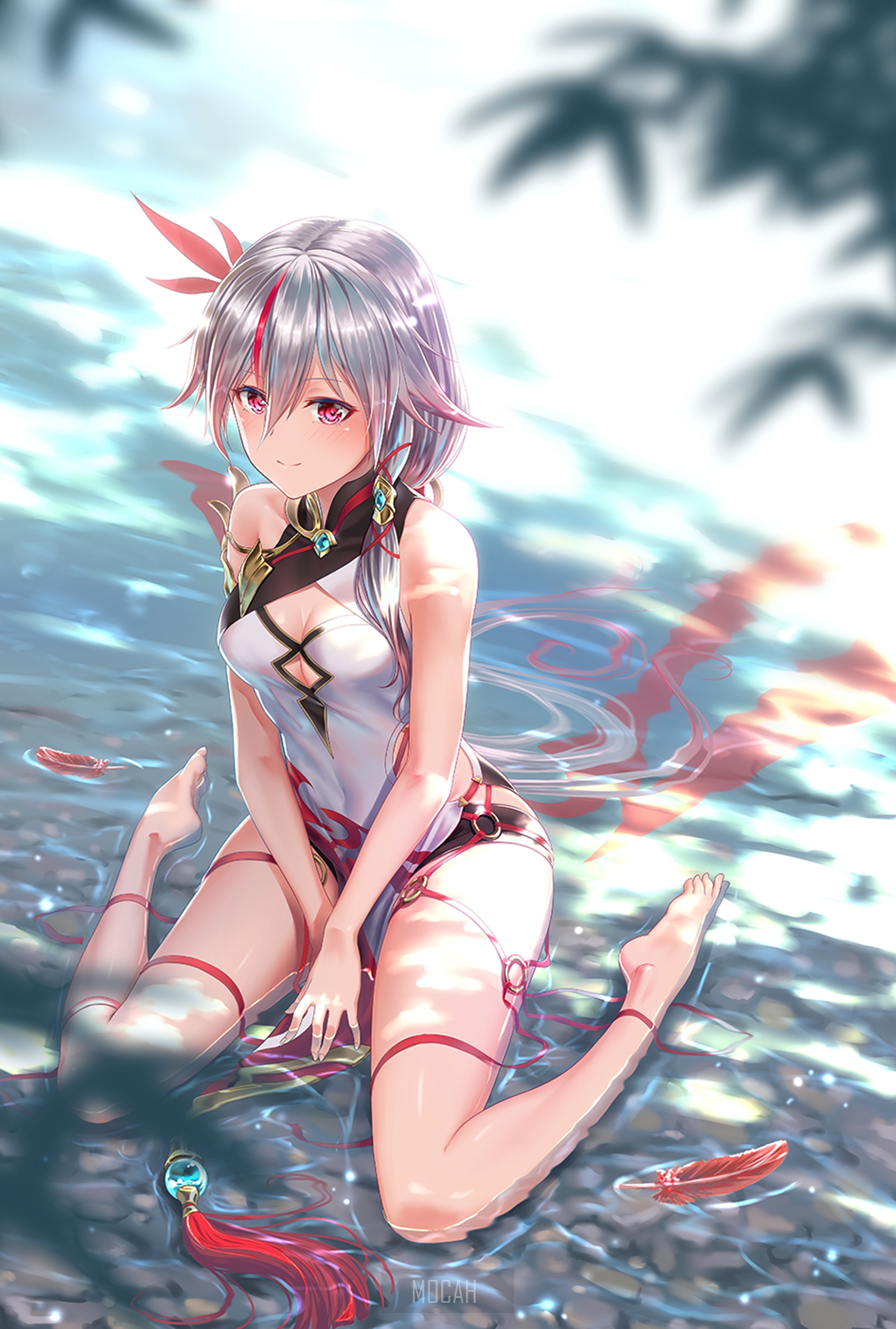Anime girl with silver hair in a white outfit sitting in water HD Phone Wallpaper