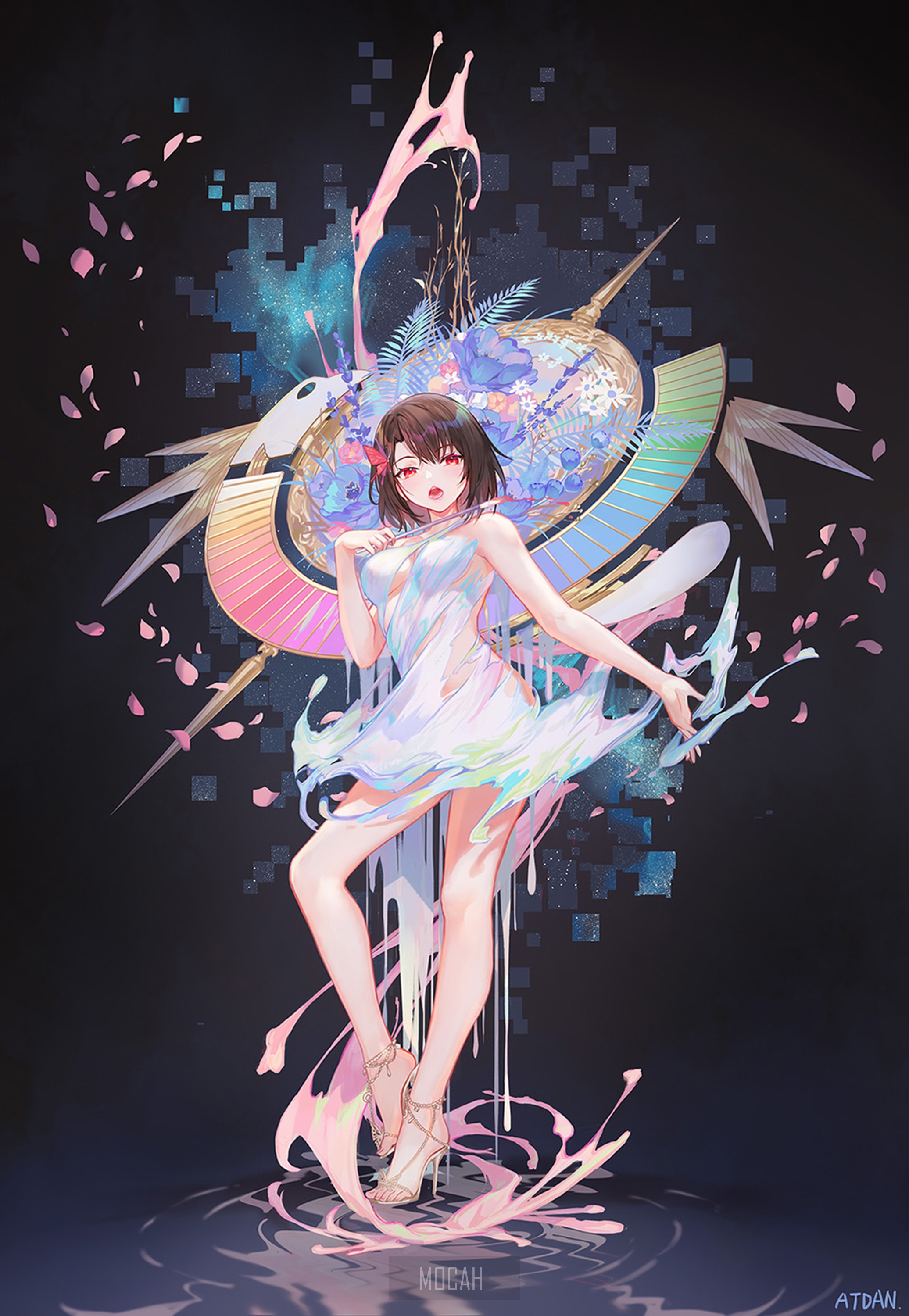 Anime girl in white dress with floral background HD Phone Wallpaper