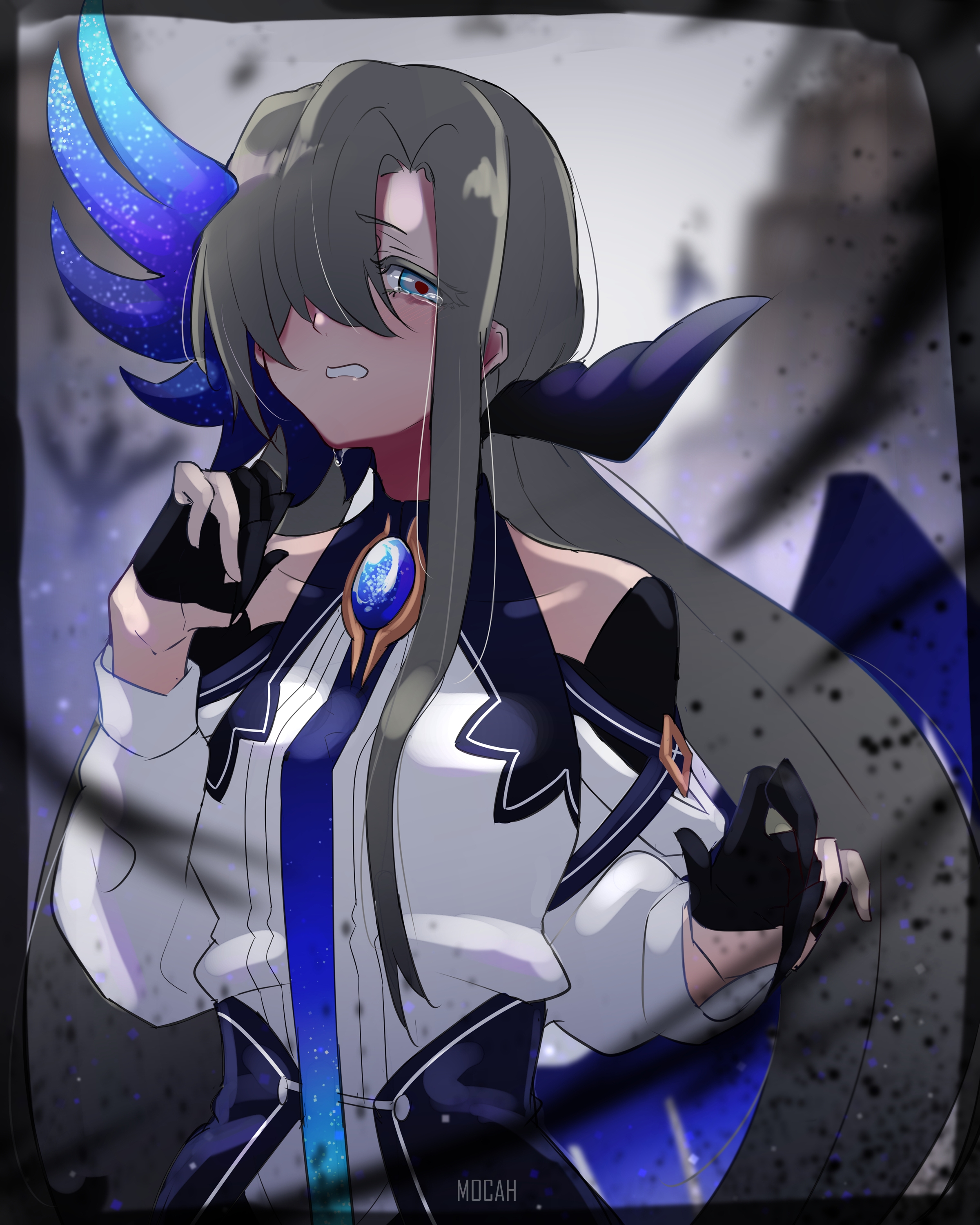 Anime girl with blue accents crying HD Phone Wallpaper