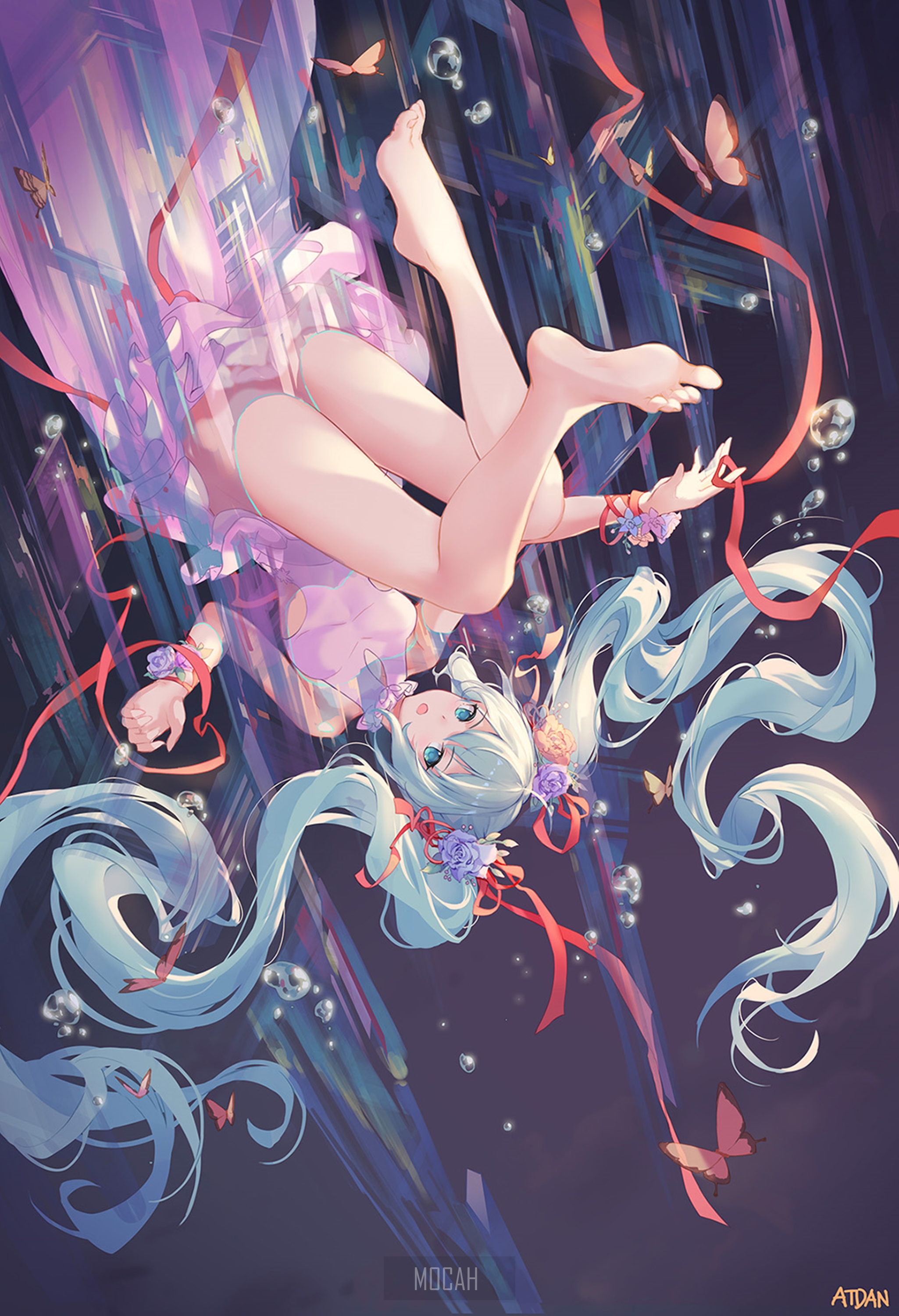 Hatsune Miku Falling with Flowing Hair and Ribbons HD Phone Wallpaper