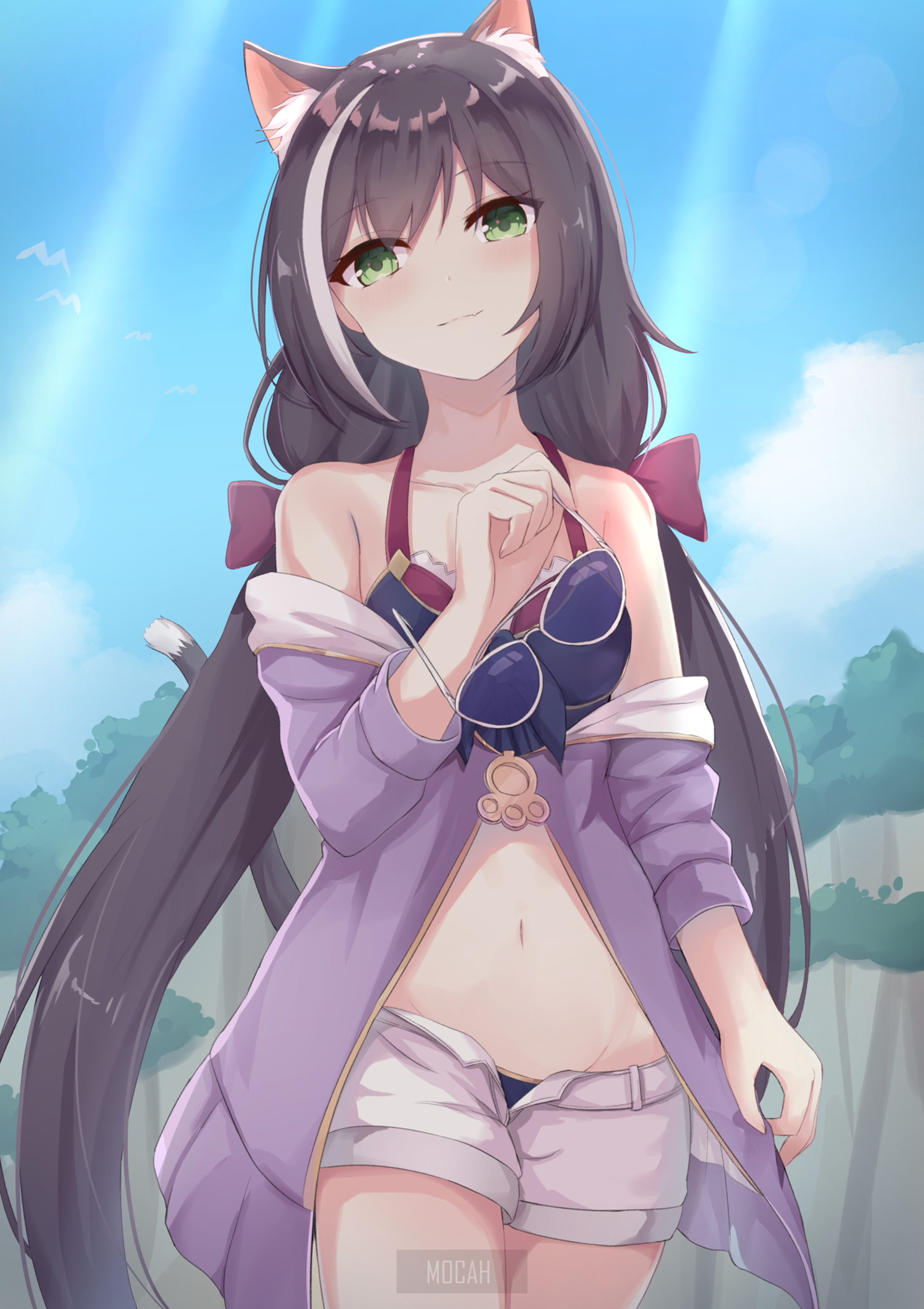 Anime cat girl in swimsuit at the beach HD Phone Wallpaper