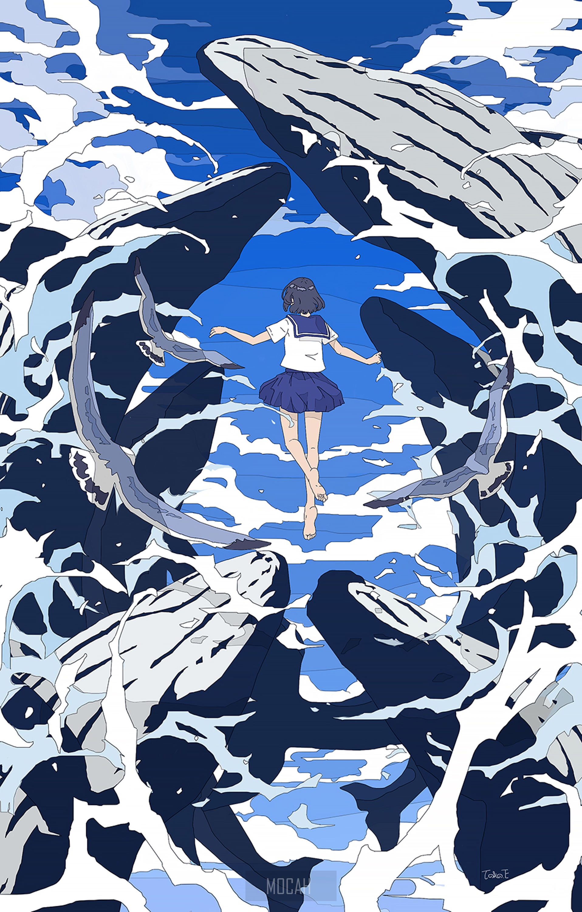 Anime girl floating among whales and seagulls HD Phone Wallpaper