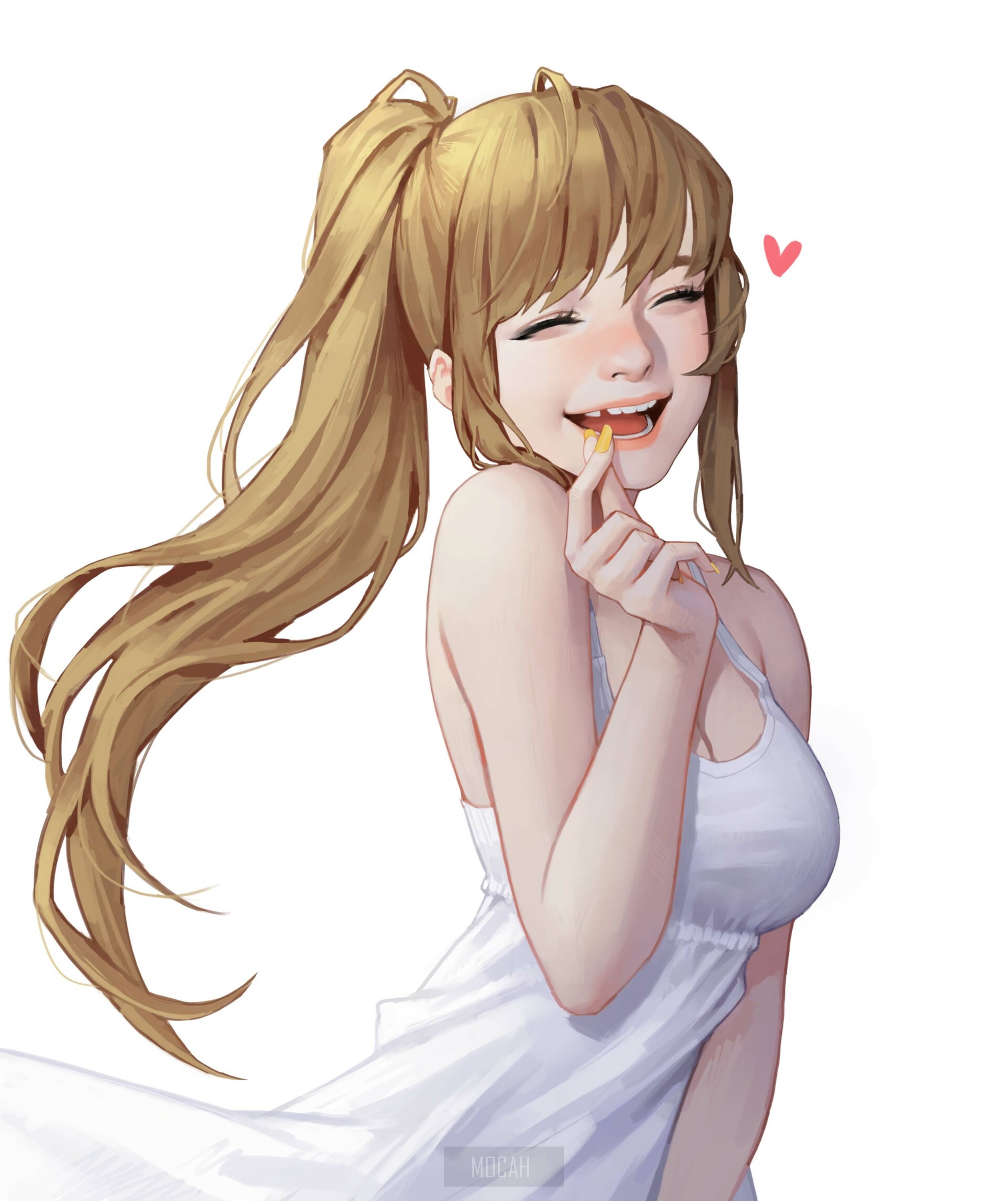 Anime girl with blonde ponytail eating a snack HD Phone Wallpaper