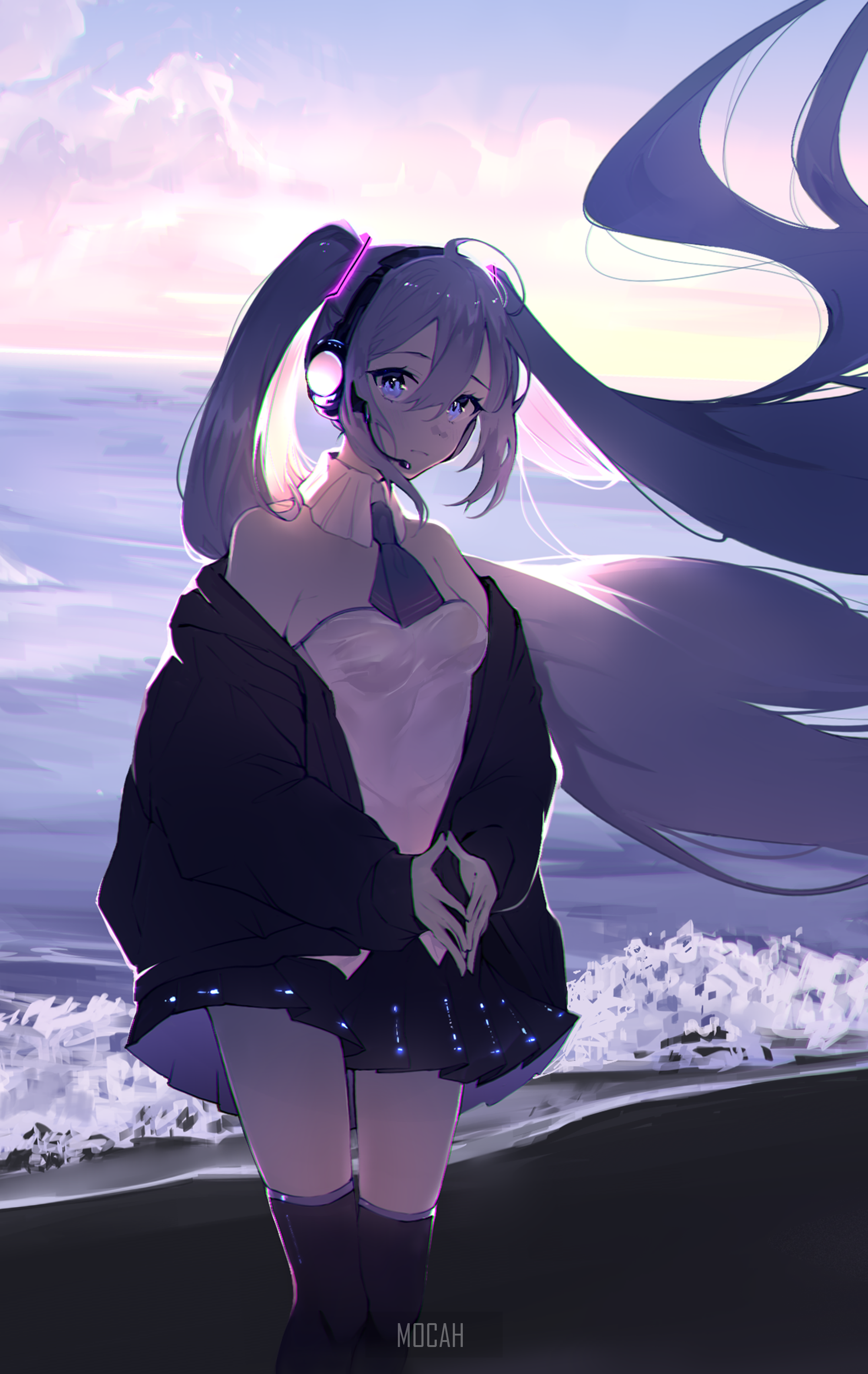Hatsune Miku on a beach at sunset HD Phone Wallpaper