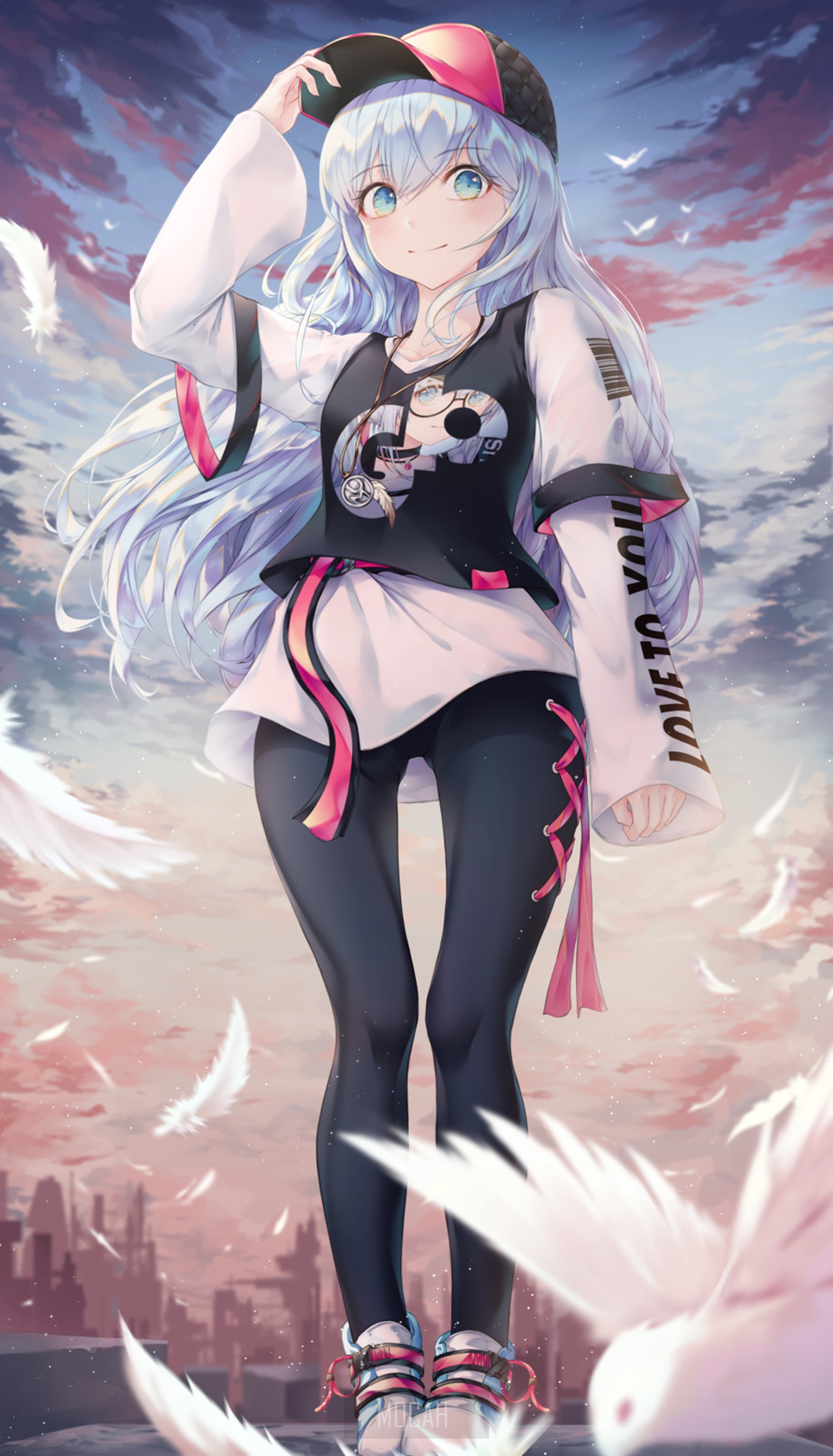 Anime girl with blue hair wearing a cap and hoodie HD Phone Wallpaper
